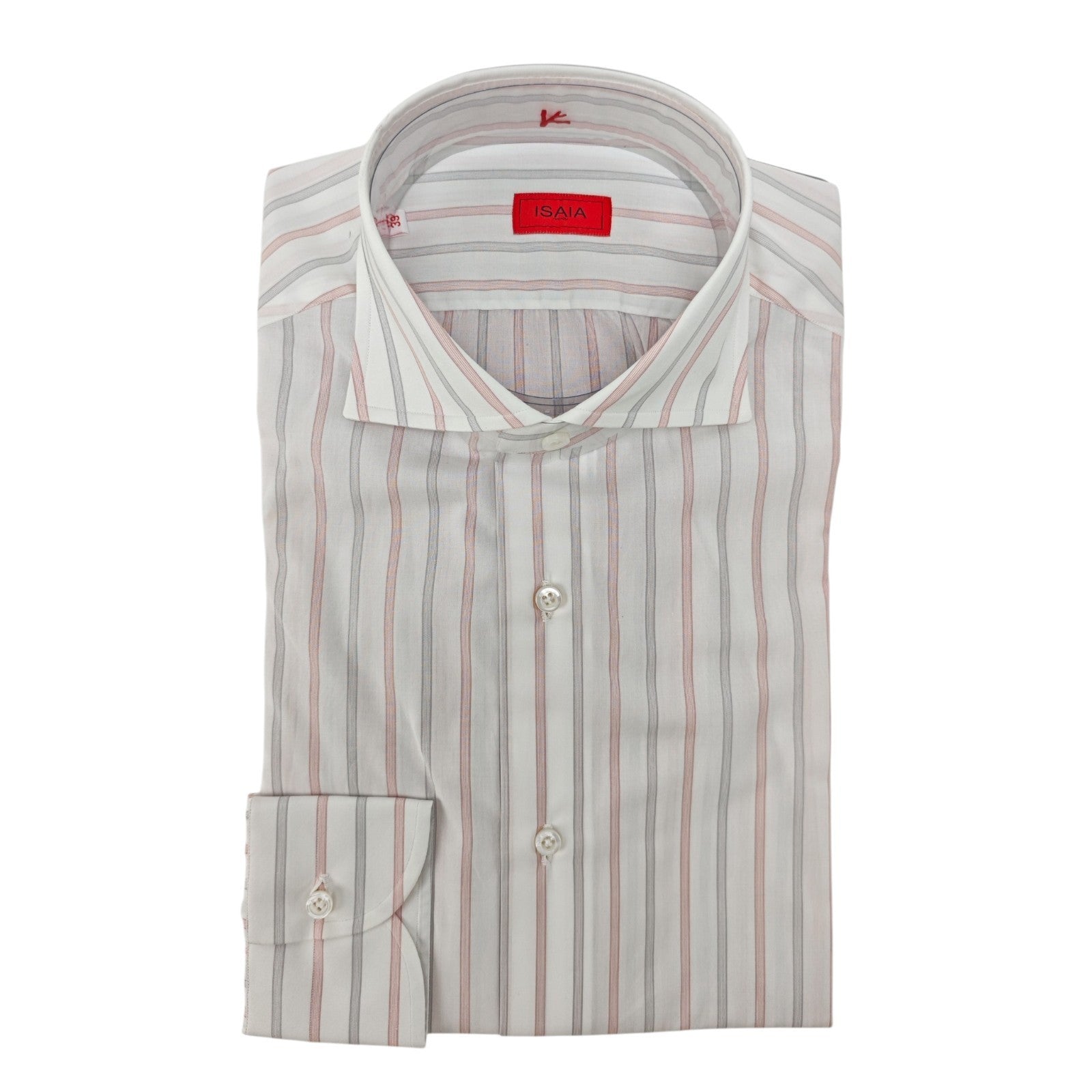 730$ ISAIA NAPOLI "Mix" Dress Shirt White - Pink Striped Fine Cotton 15.5 - 39