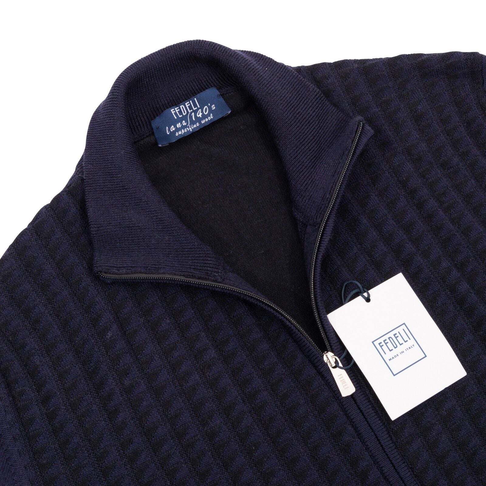 $1200 FEDELI CASHMERE Blue Cardigan Sweater Zip Jacquard Wool 140's 40 US 50 EU