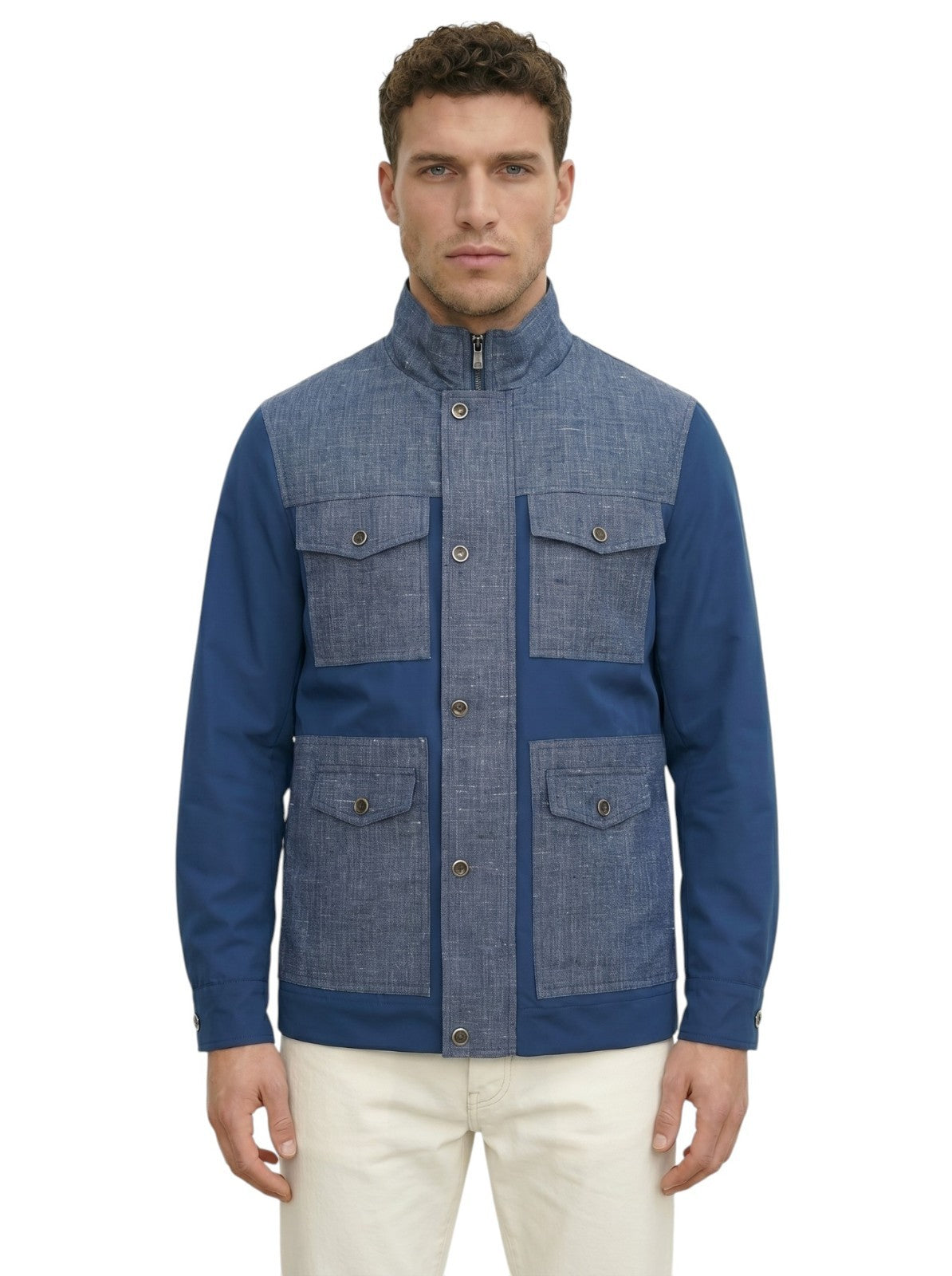 4125$ ISAIA NAPOLI Blue Field Jacket Techno Wool & Linen 38 US / 48 EU