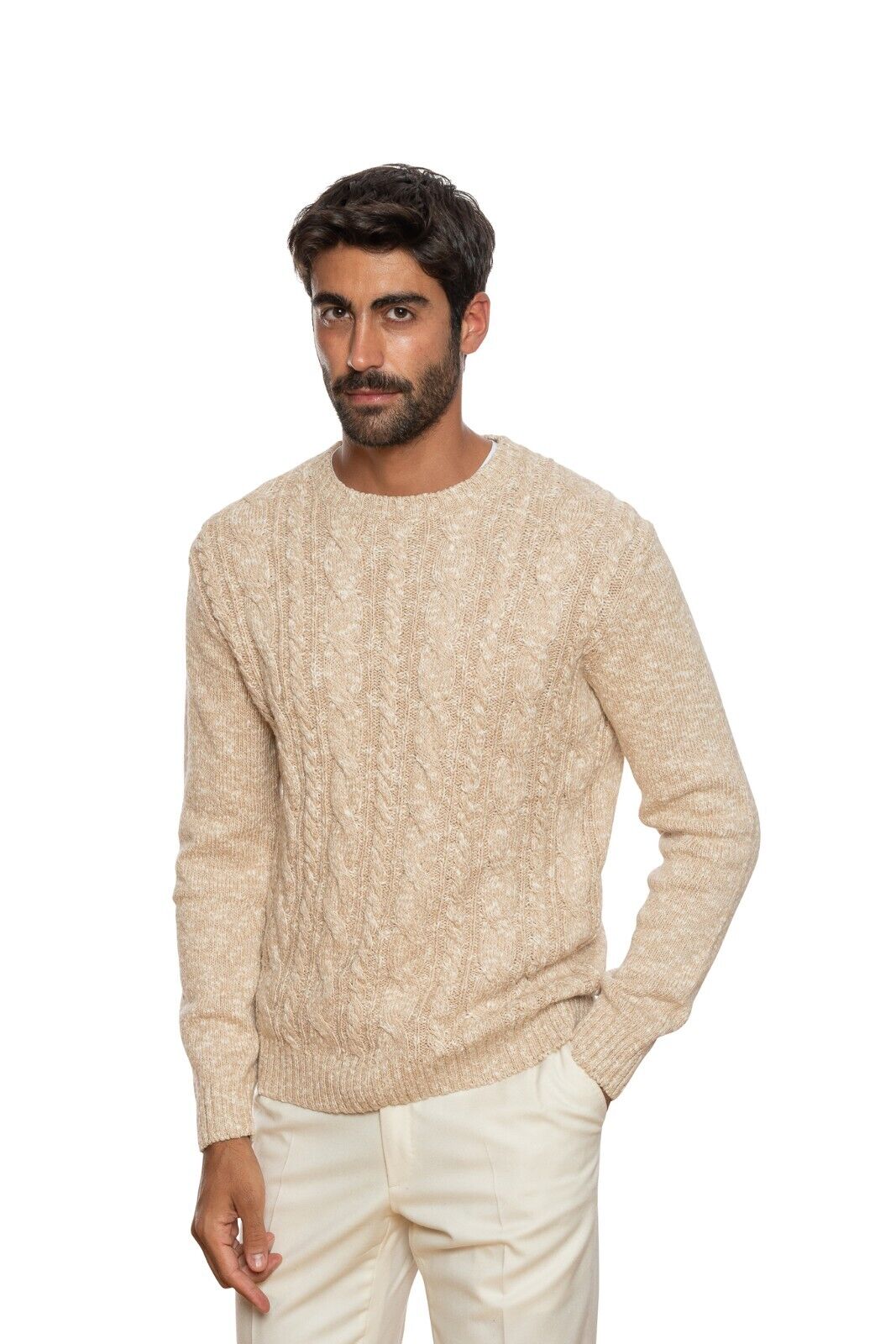 390$ DELLA CIANA CASHMERE Sweater Cable Knit Beige Thick Cotton 40 US / 50 EU