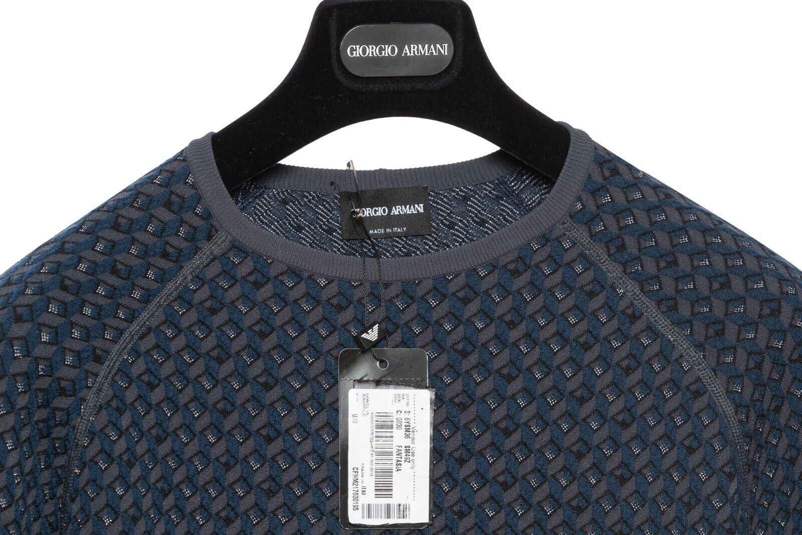980$ GIORGIO ARMANI Sweater Virgin Wool Jacquard 3D Blue 38 US / 48 EU