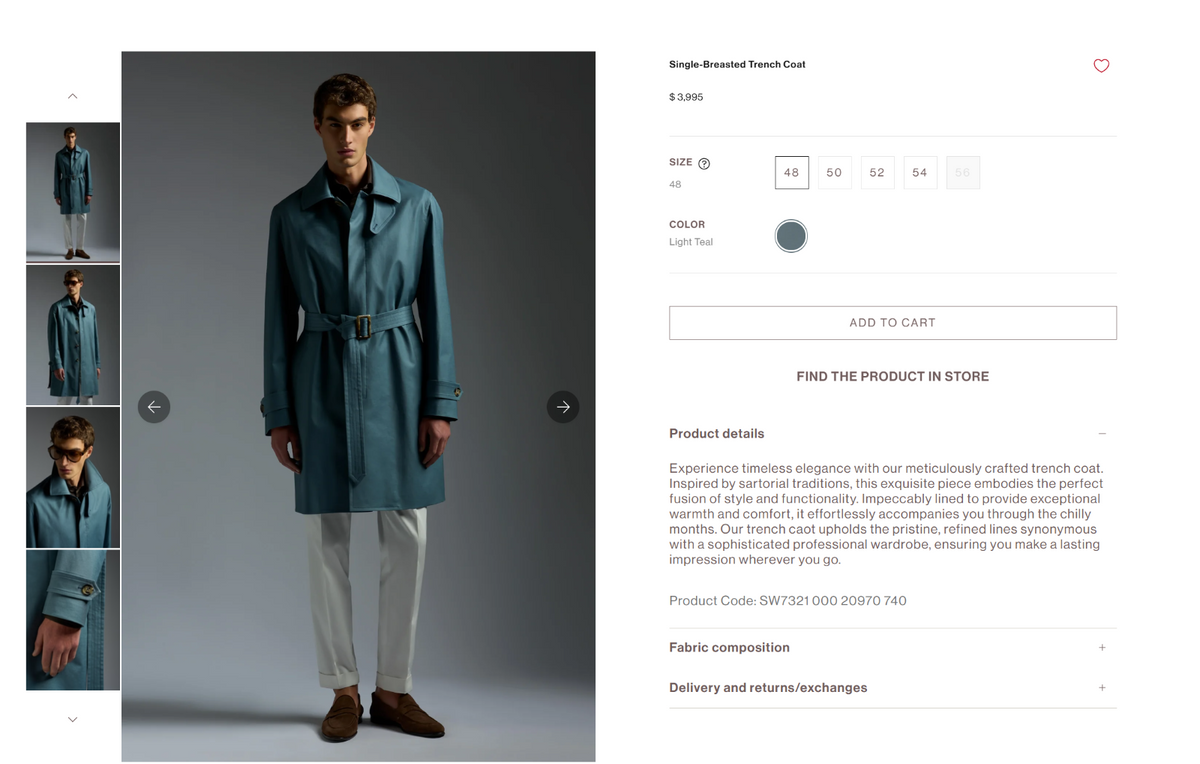 $3995 ISAIA NAPOLI Slate Blue Trench Coat Hand-Sewn Cotton 38 US / 48 EU