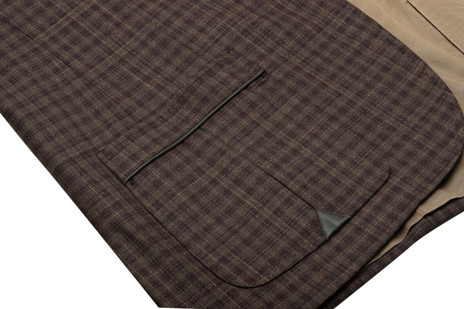 1250$ CORNELIANI Jacket Blazer Brown Checks Wool Silk + Leather 40 US / 50 EU