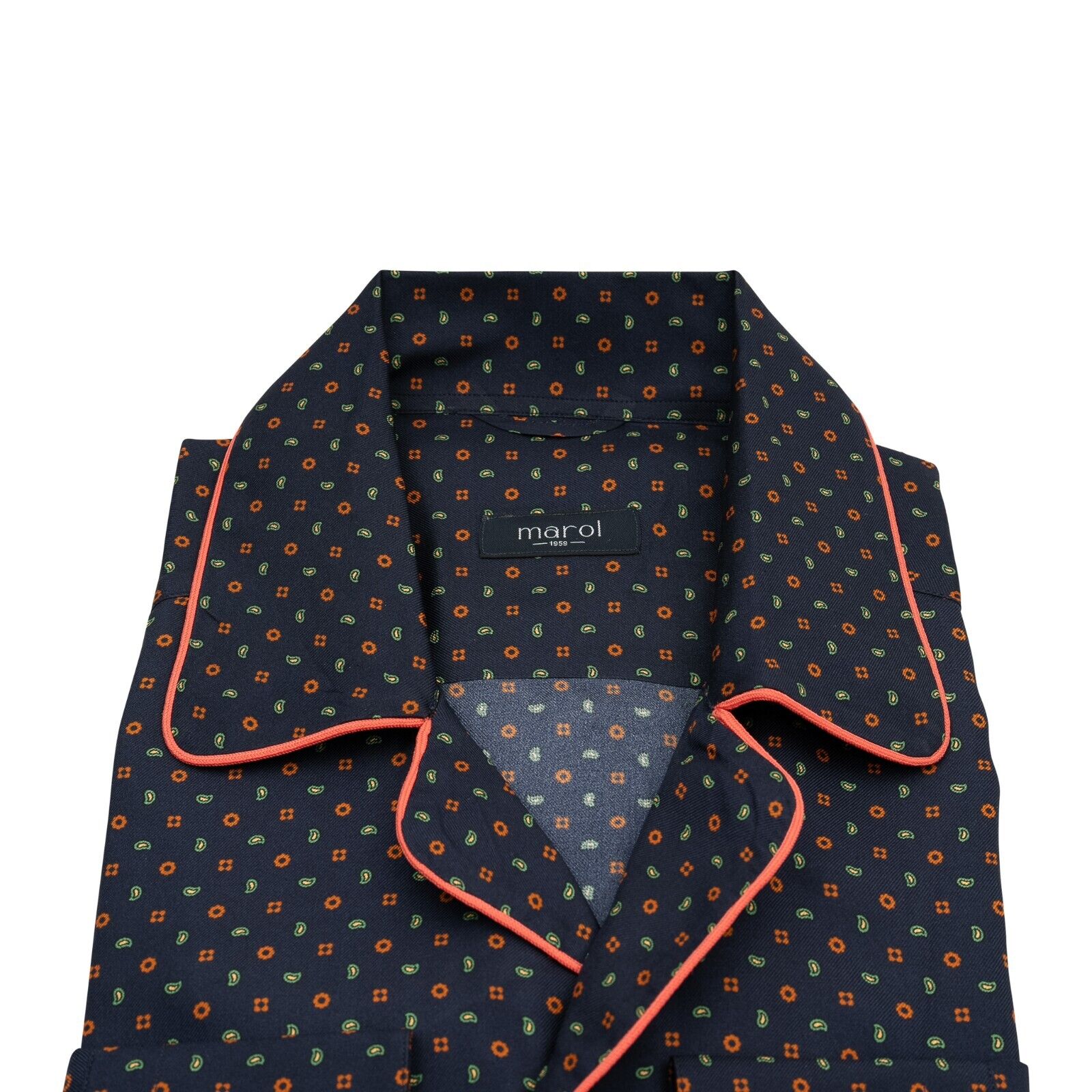 1400$ LUXURY MAROL BOLOGNA Camp Collar Shirt Blue Navy Floral 100% COMO SILK