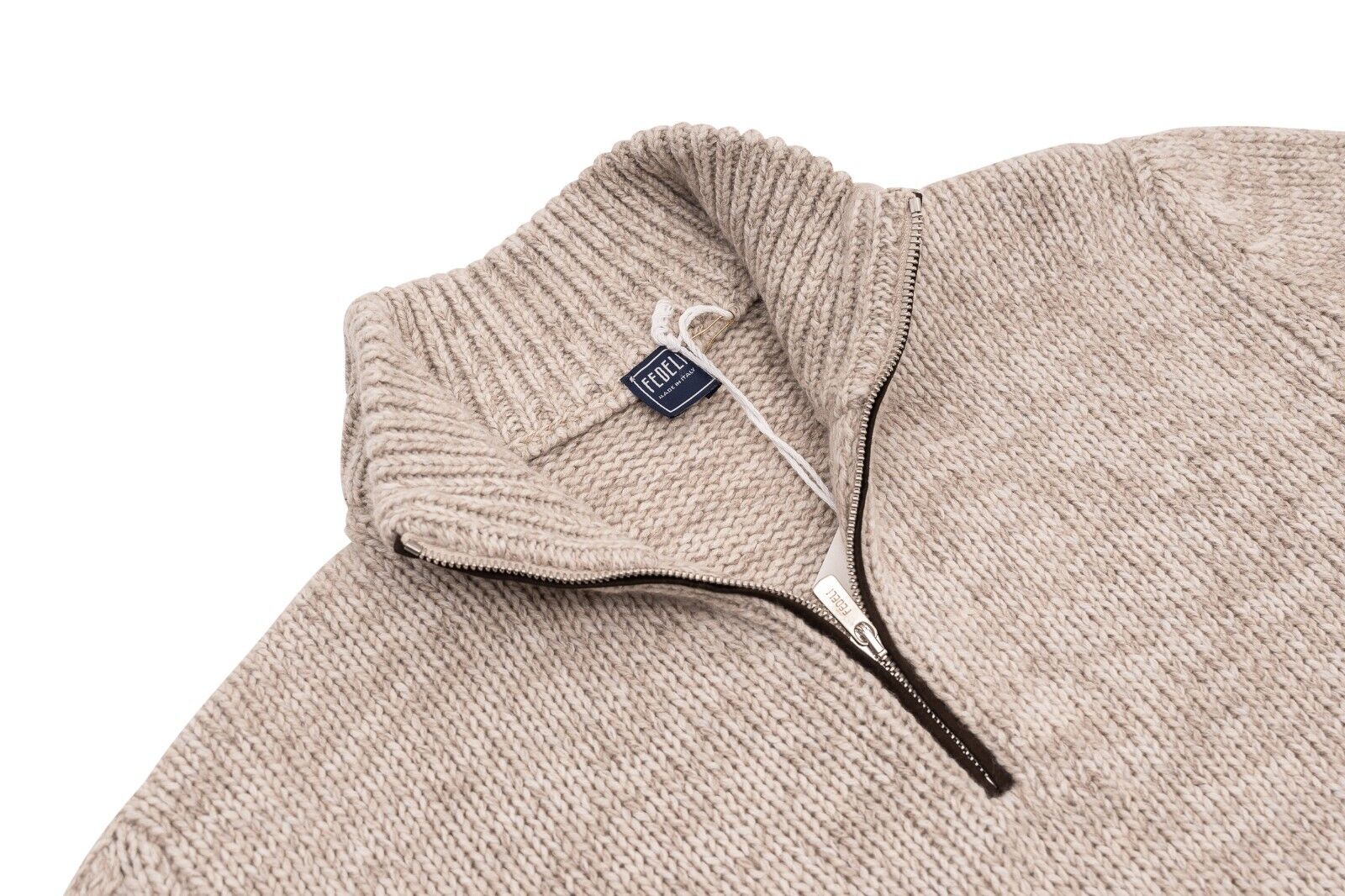 $1800 FEDELI "Favonio" Beige Cardigan Half Zip 100% Cashmere + Suede 40 US 50 EU