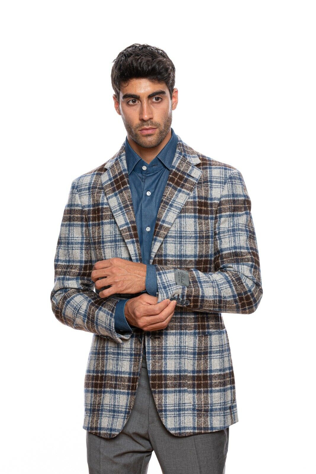 $2190 BELVEST Gray Blue Brown Check Baby Alpaca Wool Jacket 42 US  52 EU Drop 7R
