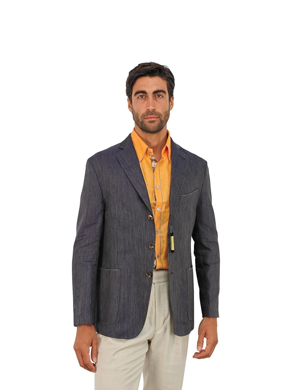 $1650 RUBINACCI Blue Herringbone Jacket Sport Coat Linen / Cotton 40 US / 50 EU