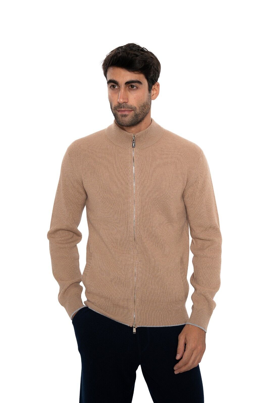 $2200 FEDELI "One Open" Beige Cardigan Sweater Zip 100% Cashmere 40 US / 50 EU