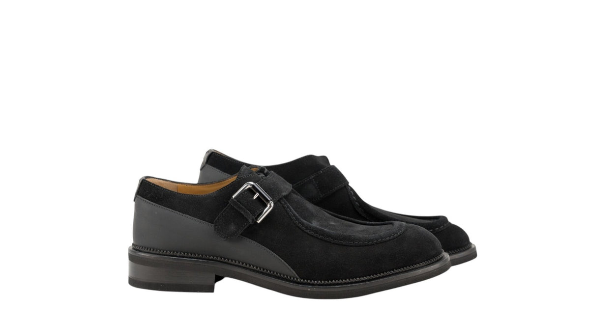 1200$ TESTONI Single Monk Shoes Buckle English Suede Black 8 UK / 9 US / 42 IT