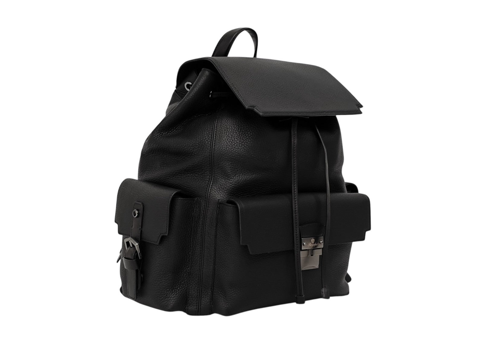 1990$ PINEIDER BOTTOLATO Grain Calf Multiple Backpack Travel Weekender Black XL