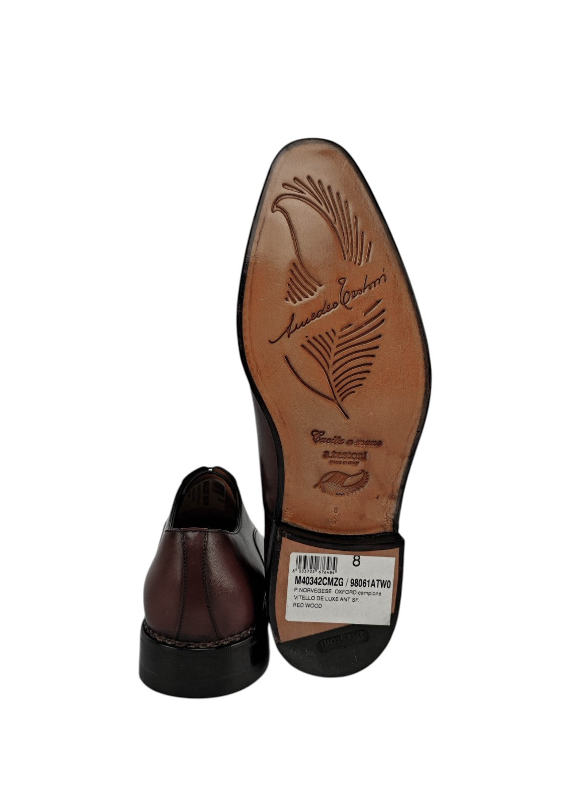 1800$ TESTONI "Piuma" Oxford Shoes Norwegian Welted Wood Red 8 UK / 9 US / 42 IT