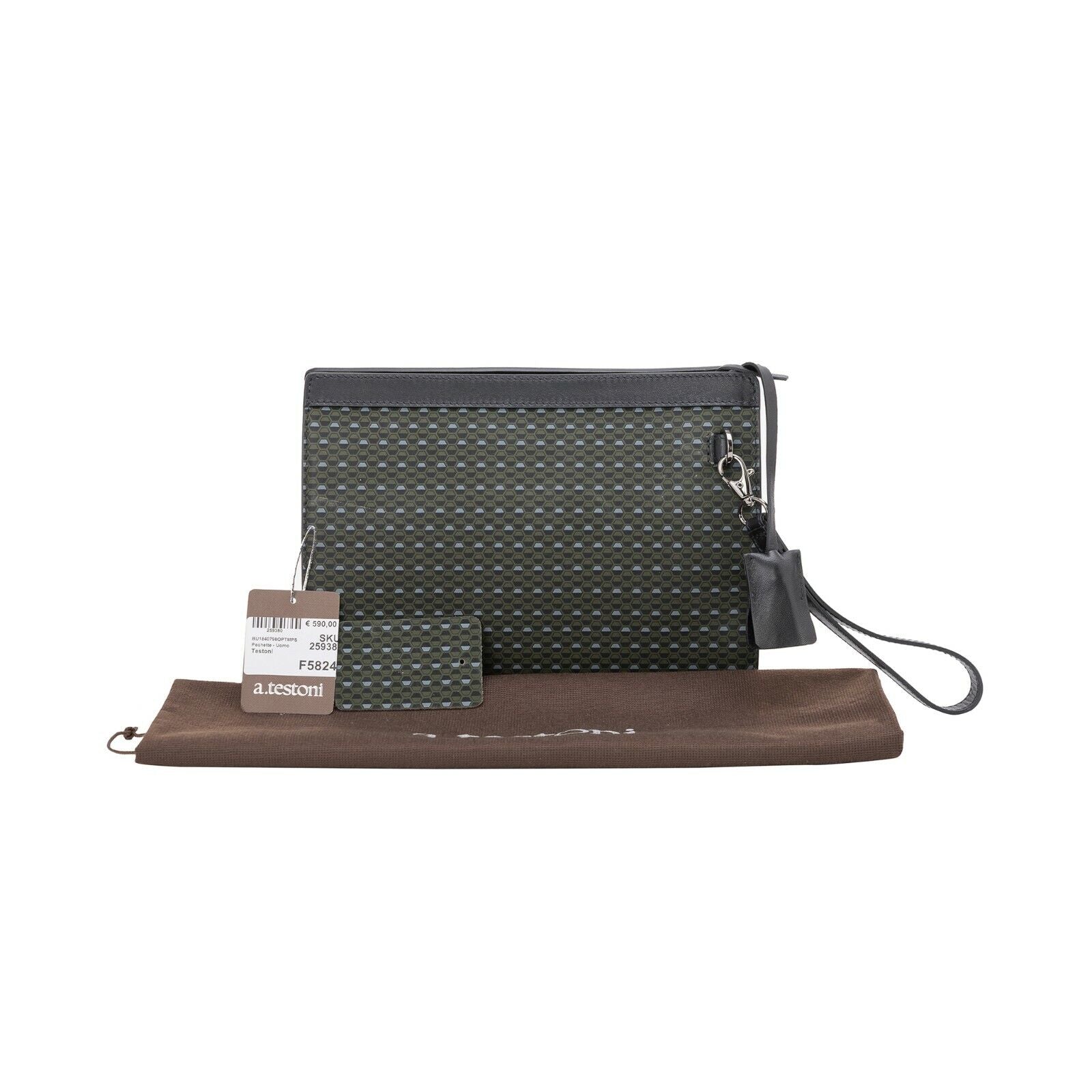 $720 Testoni Bologna Green OPTICAL Calf Hand Clutch Bag + Padlock Key