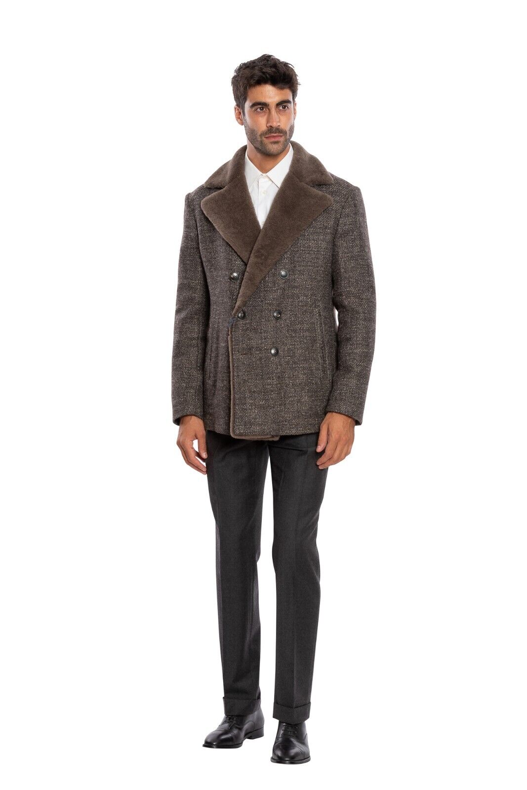 $2650 BOGLIOLI Double Breasted Peacoat Wool Linen Coat Shearling Fur 40 US 50 EU