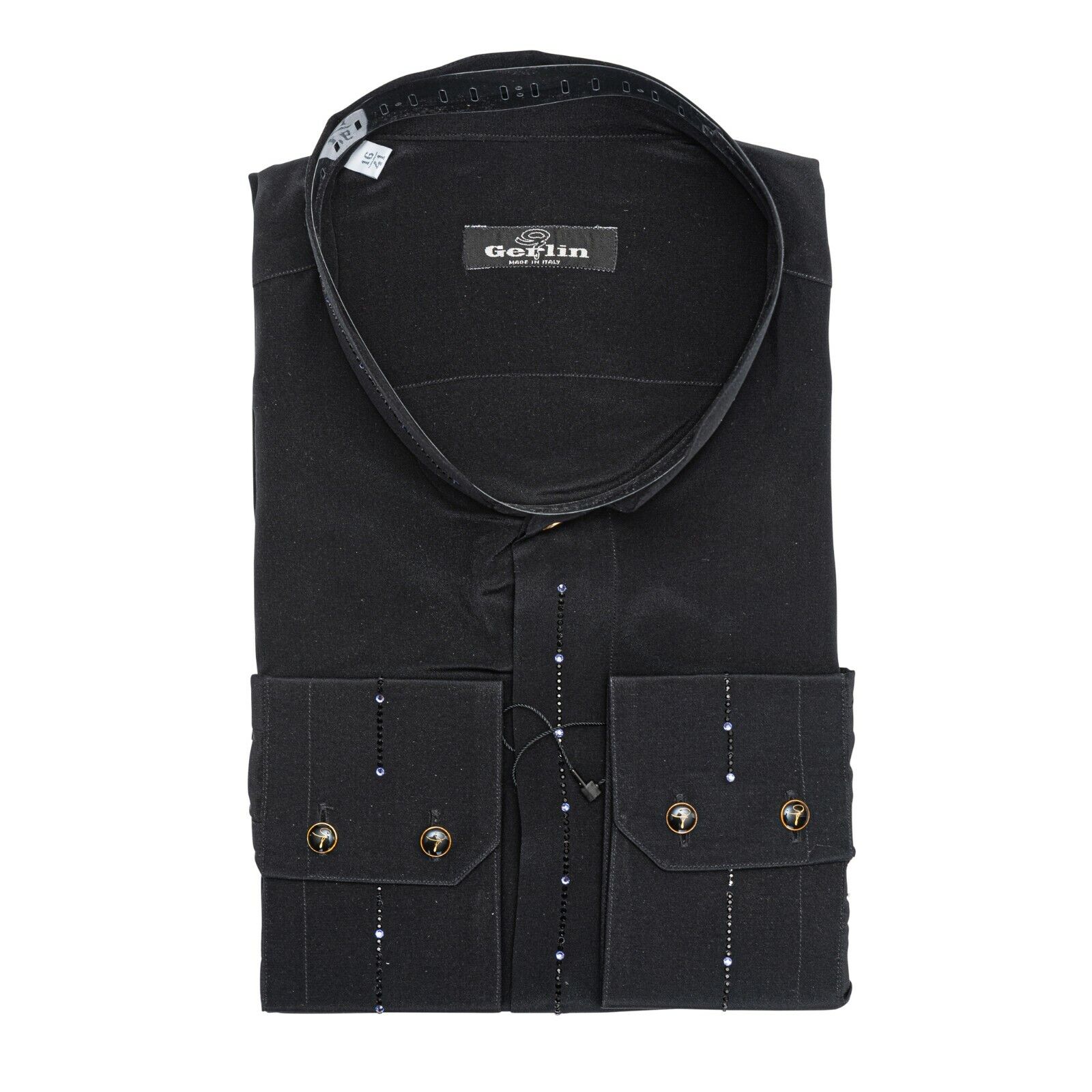 LUXURY 1400$ GERLIN Korean Shirt Strass Black 100% Silk 16-41 BIJAN