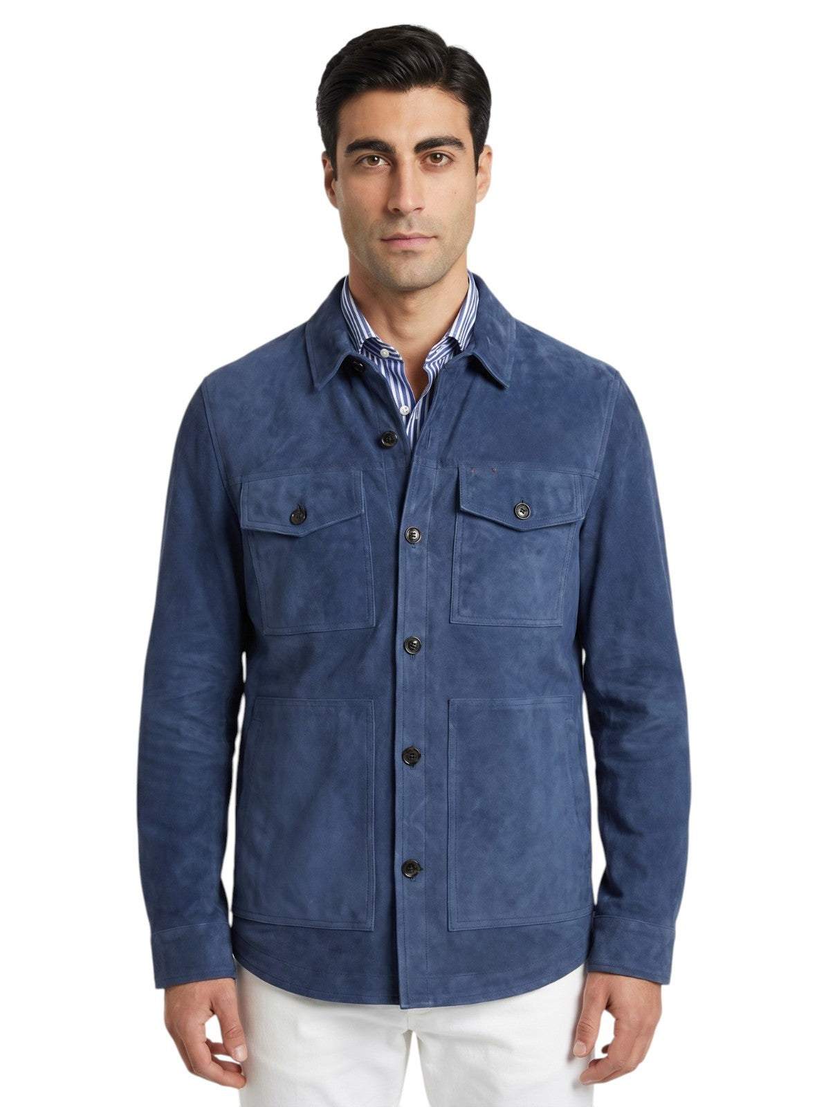5500$ ISAIA Blue Overshirt Jacket 100% Suede Lambskin Leather 44 US / 54 EU