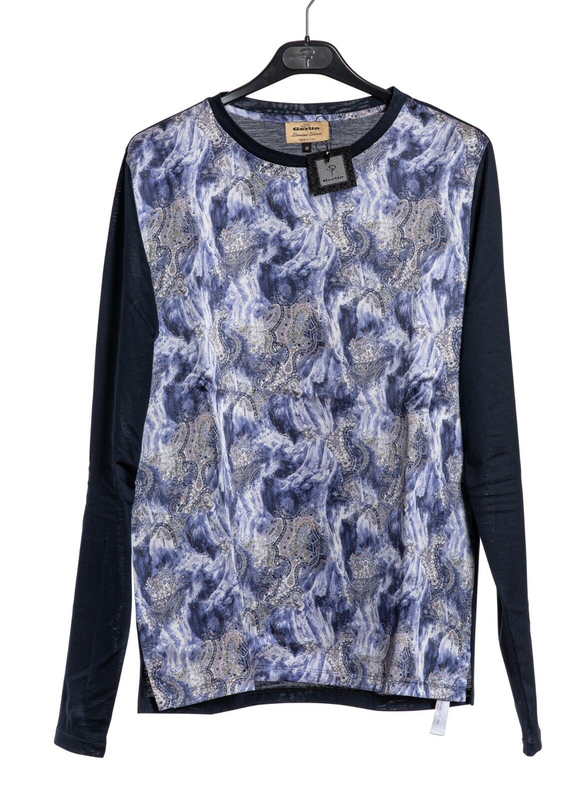 1400$ GERLIN T-Shirt Abstract Blue 100% Silk & Cotton Lisle Size M BIJAN