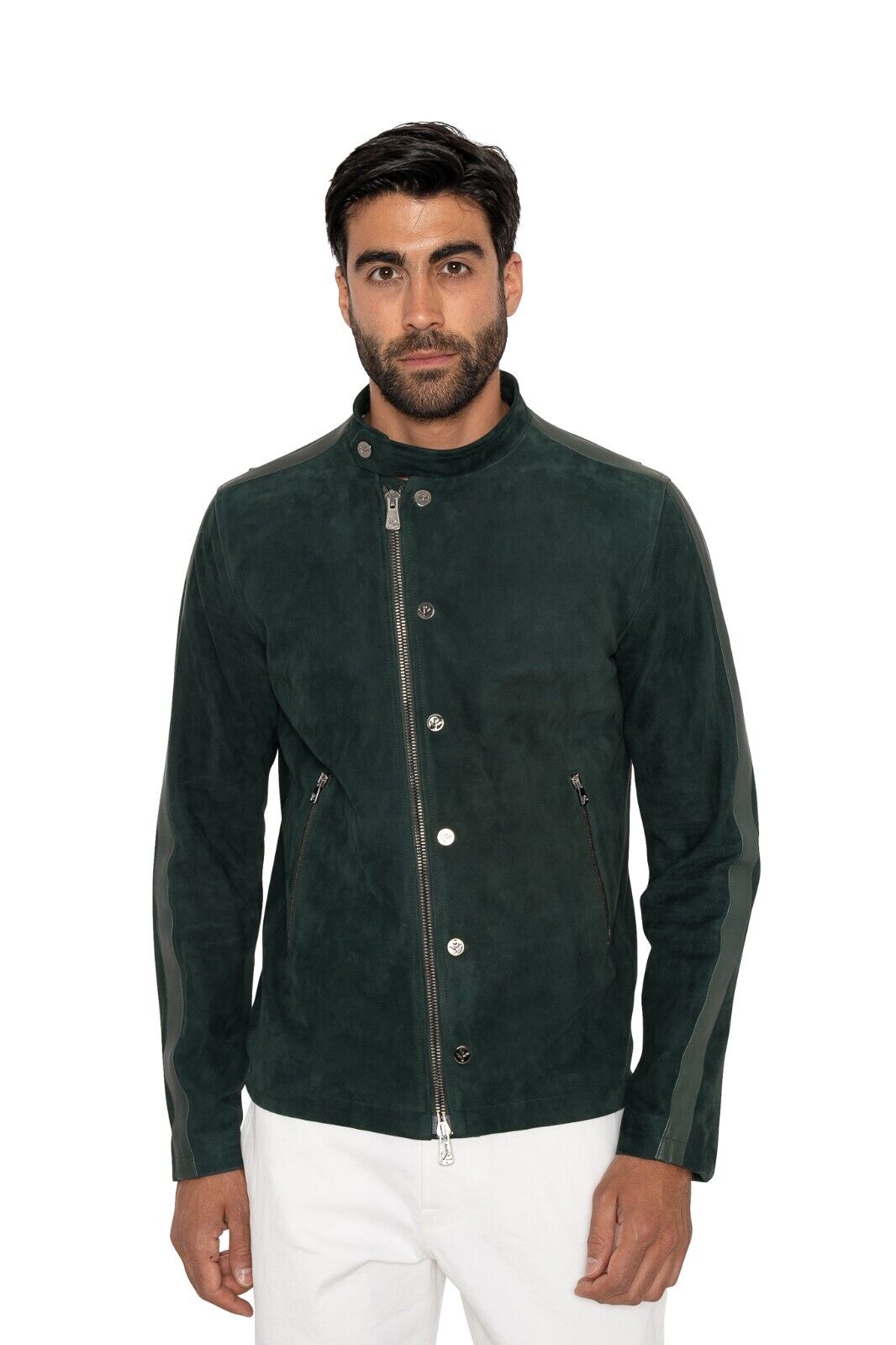 5500$ ISAIA Dark Green Moto Jacket leather 100% Lambskin Size 38 US / 48 EU