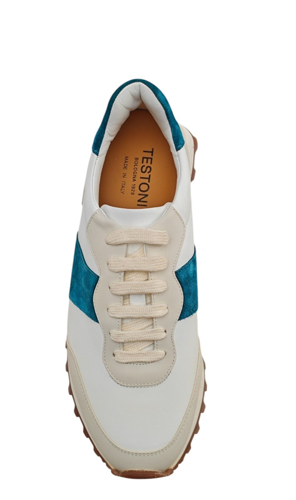$900 TESTONI BOLOGNA "Como" Sneaker Shoes Sport Calf & Suede Ivory / Blue