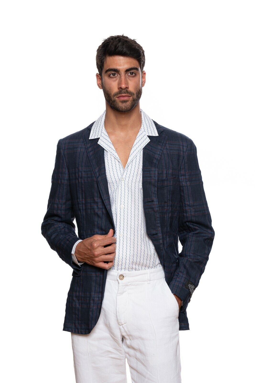 1980$ BELVEST Dark Blue Windowpane Wool Linen Jacket Blazer 40 US / 50 EU 7R