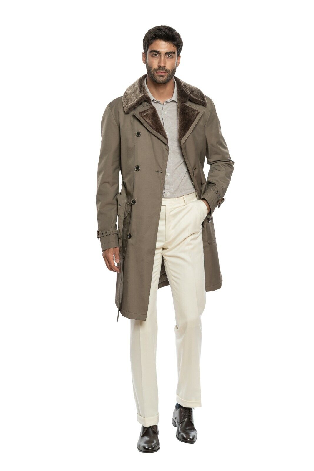 1050$ CORNELIANI Taupe Padded Trench Coat Water Resistant Fur In Wool