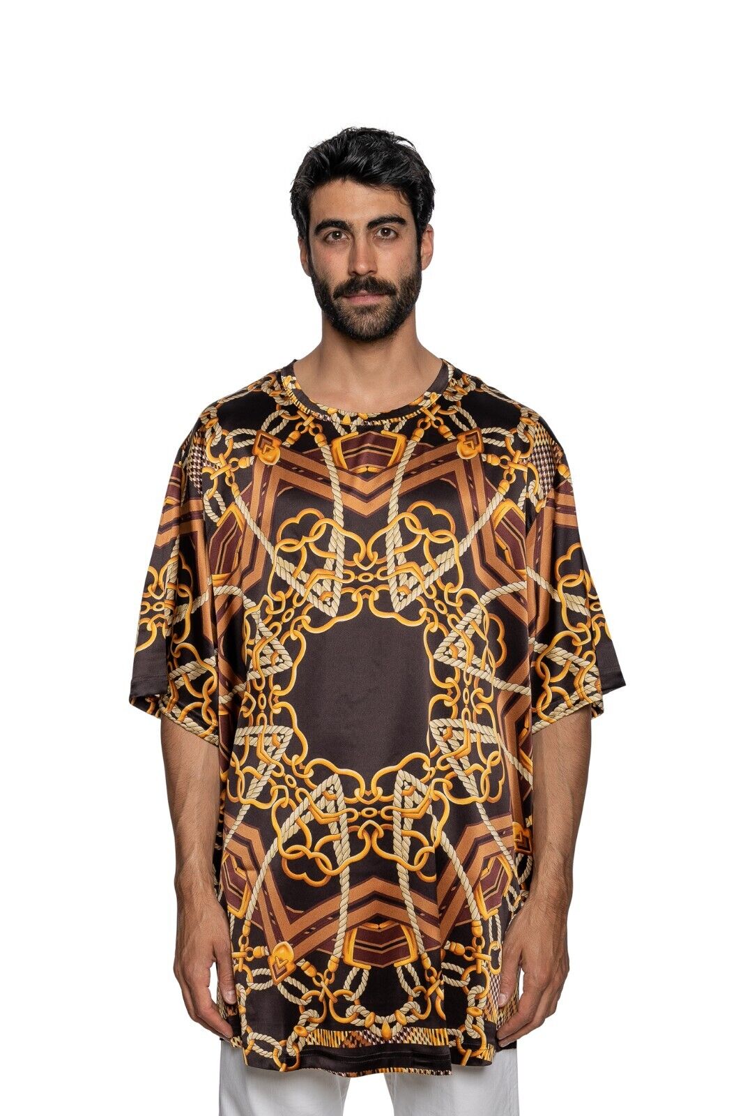 750$ FABIO CAVIGLIA T-Shirt "TUNIC" Brown Chains 100% Silk COMO STRETCH Size XXL