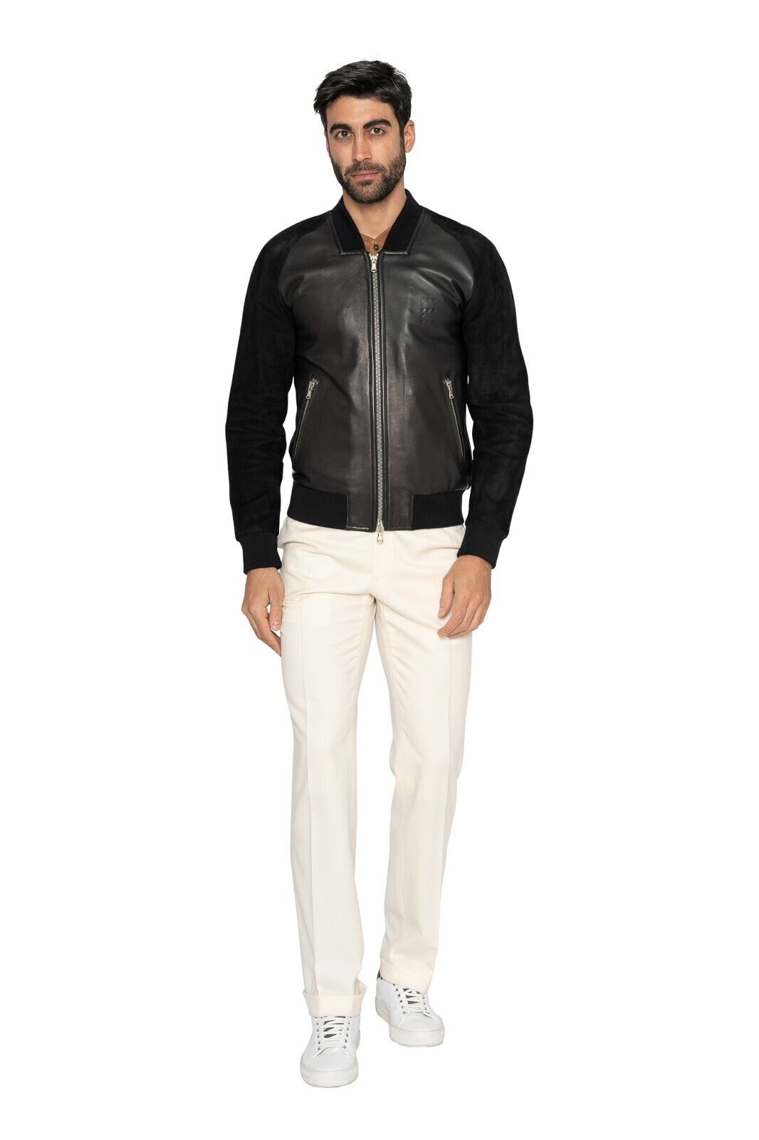 $2000 EIDOS by ISAIA Black Bomber Jacket Nappa Leather / Suede  38 US 48 EU