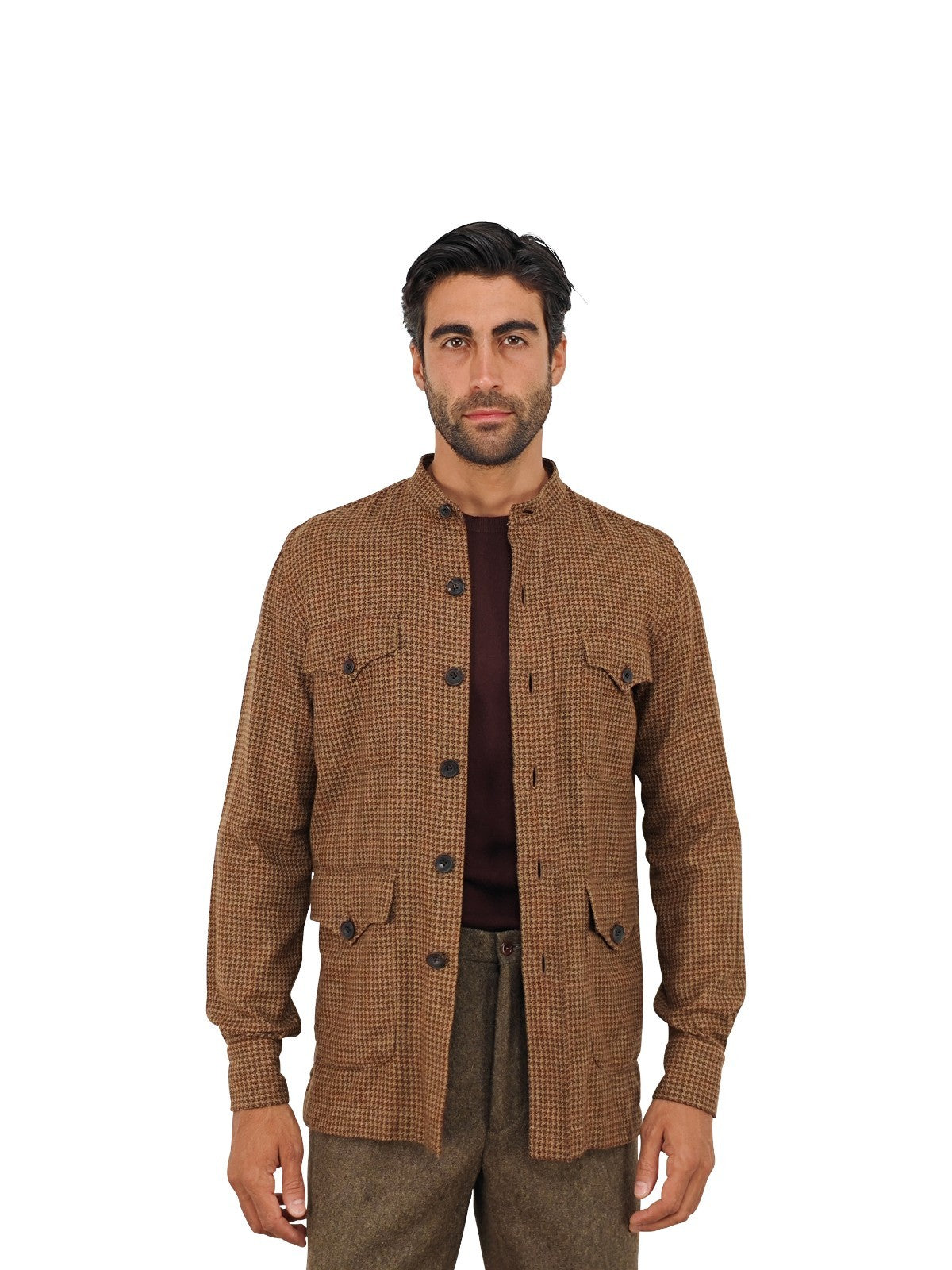 $2120 RUBINACCI Brown Houndstooth Sahariana Guru Jacket 100% Cashmere Size S