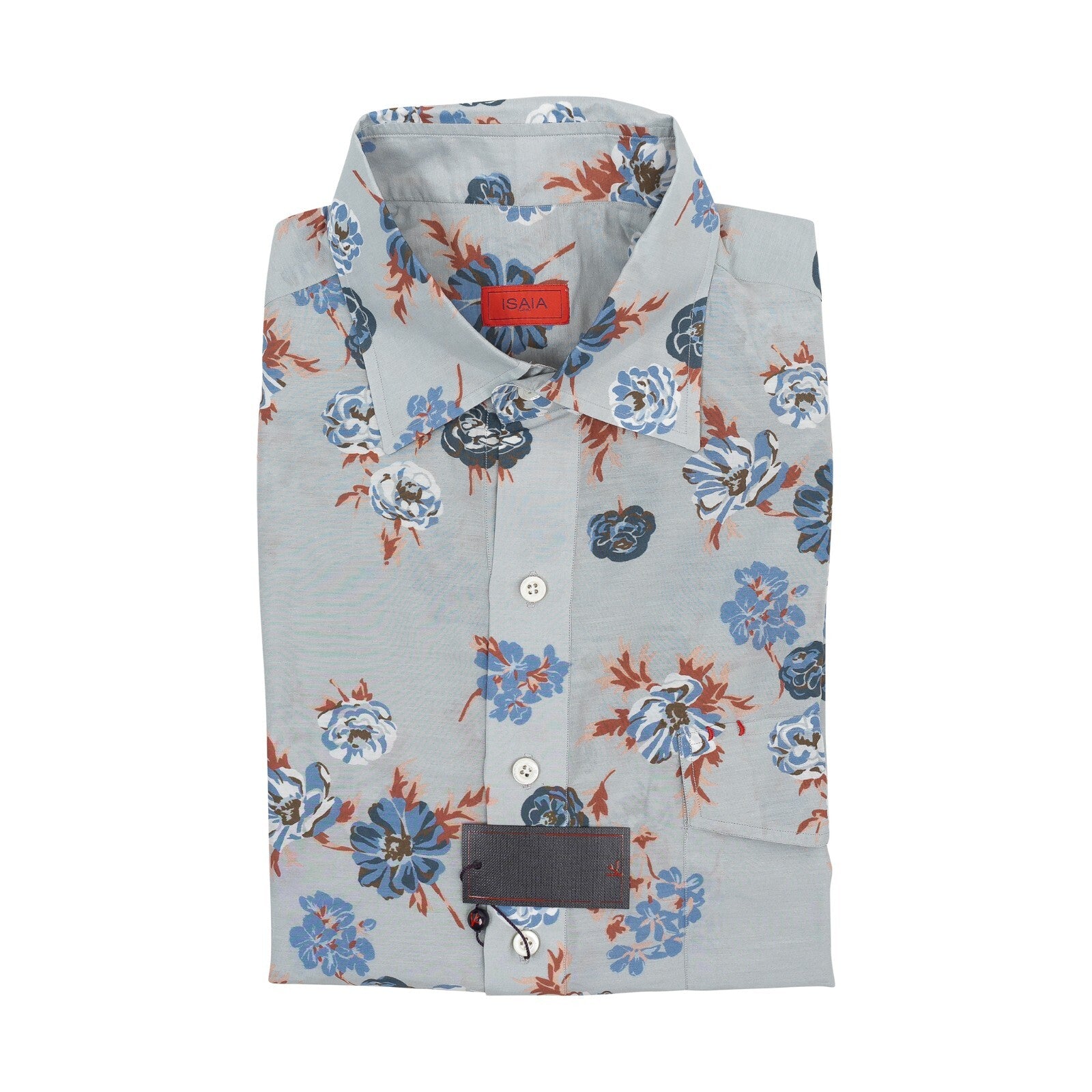 750$ ISAIA NAPOLI "Pocket" Gray Hand-Sewn Popover Shirt Cotton / Silk 16 - 41