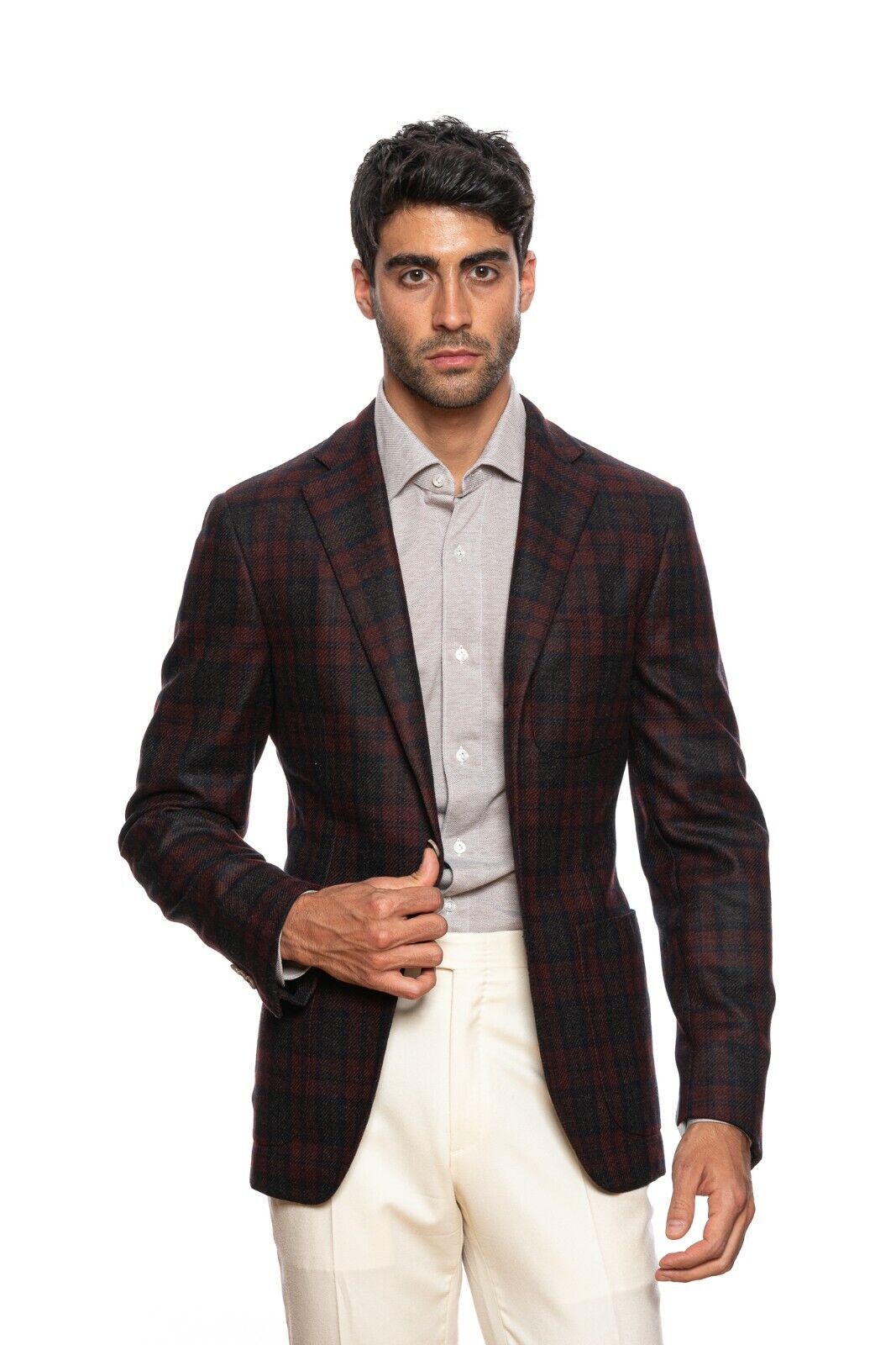 $2450 BELVEST Burgundy Blue Check Wool Cashmere Jacket 39 US 49 EU Drop 9R Slim