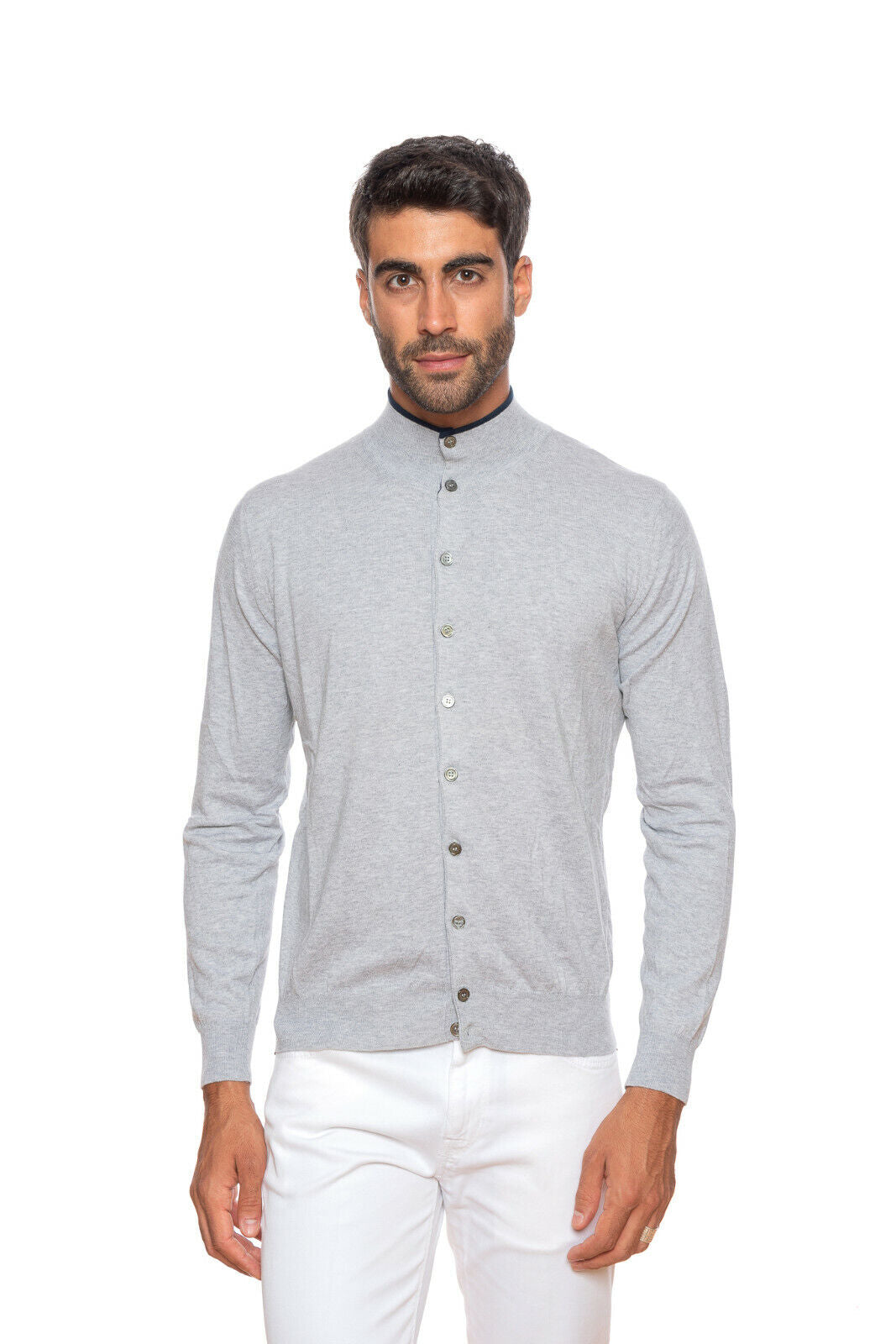 Italian Knitwear FILIPPO DE LAURENTIIS Sweater Cardigan High Neck Cotton Grey