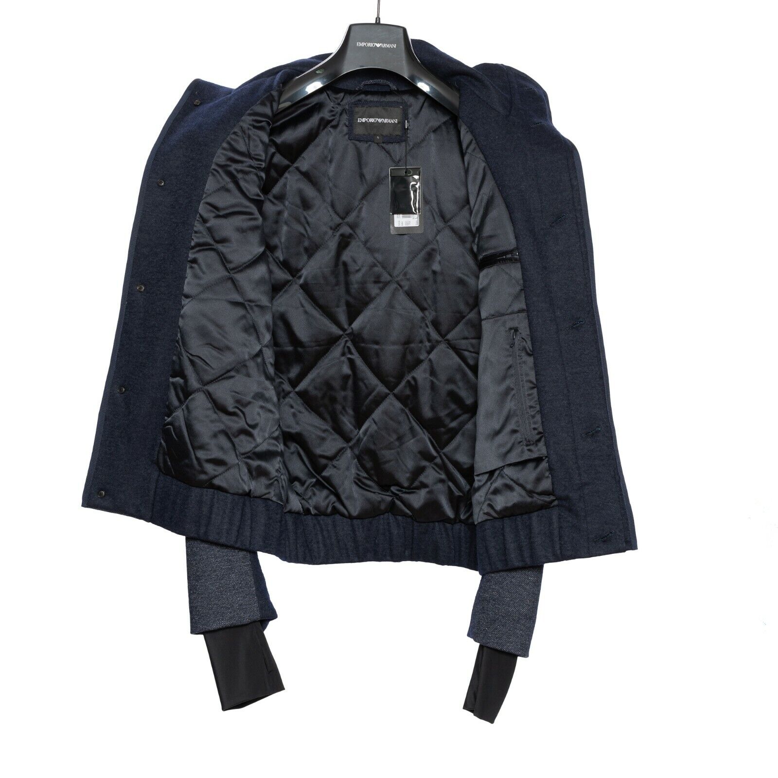 650$ EMPORIO ARMANI Bomber Blouson Jacket Blue Wool Blend "Brand Logo Steel"