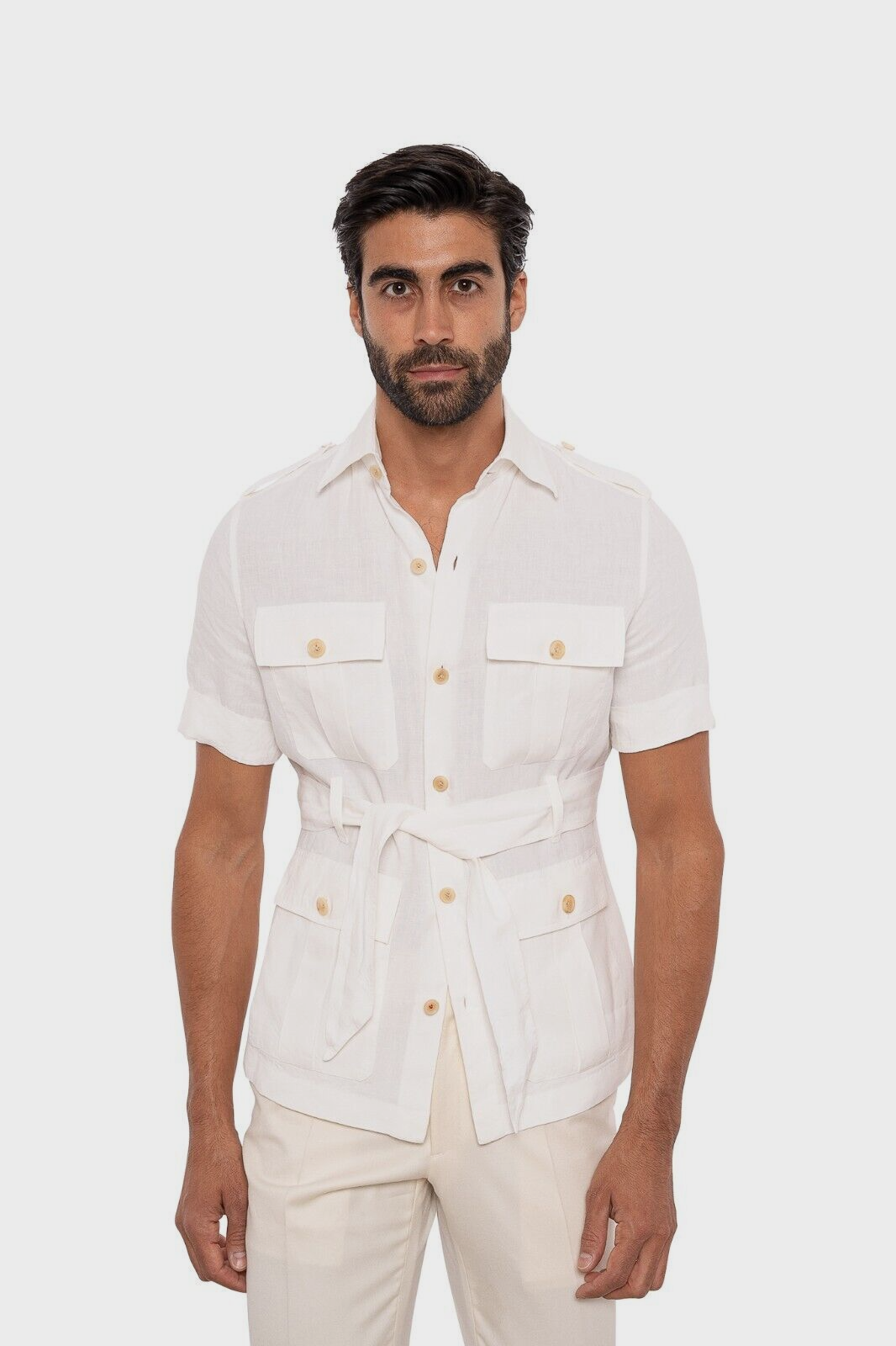 $2200 ISAIA NAPOLI White Hand-Sewn Belted Safari Jacket 100% Linen XS