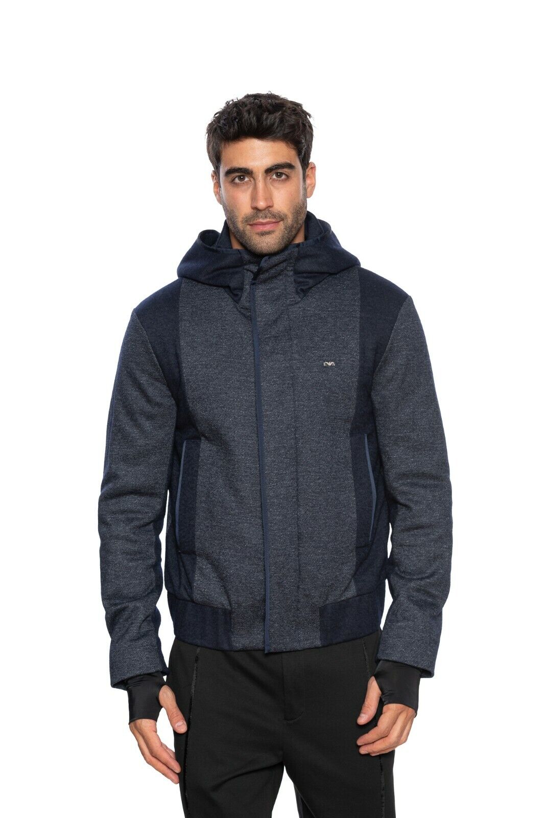 650$ EMPORIO ARMANI Bomber Blouson Jacket Blue Wool Blend "Brand Logo Steel"