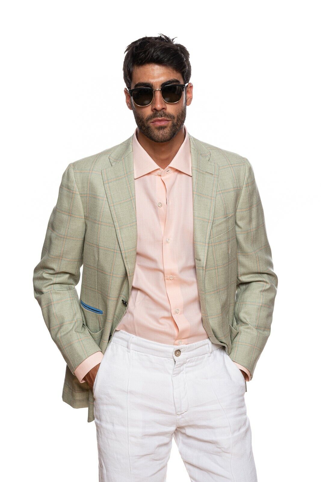 2550$ BELVEST Windowpane Jacket Cashmere Checks Light Green 40 US / 50 EU 7 R