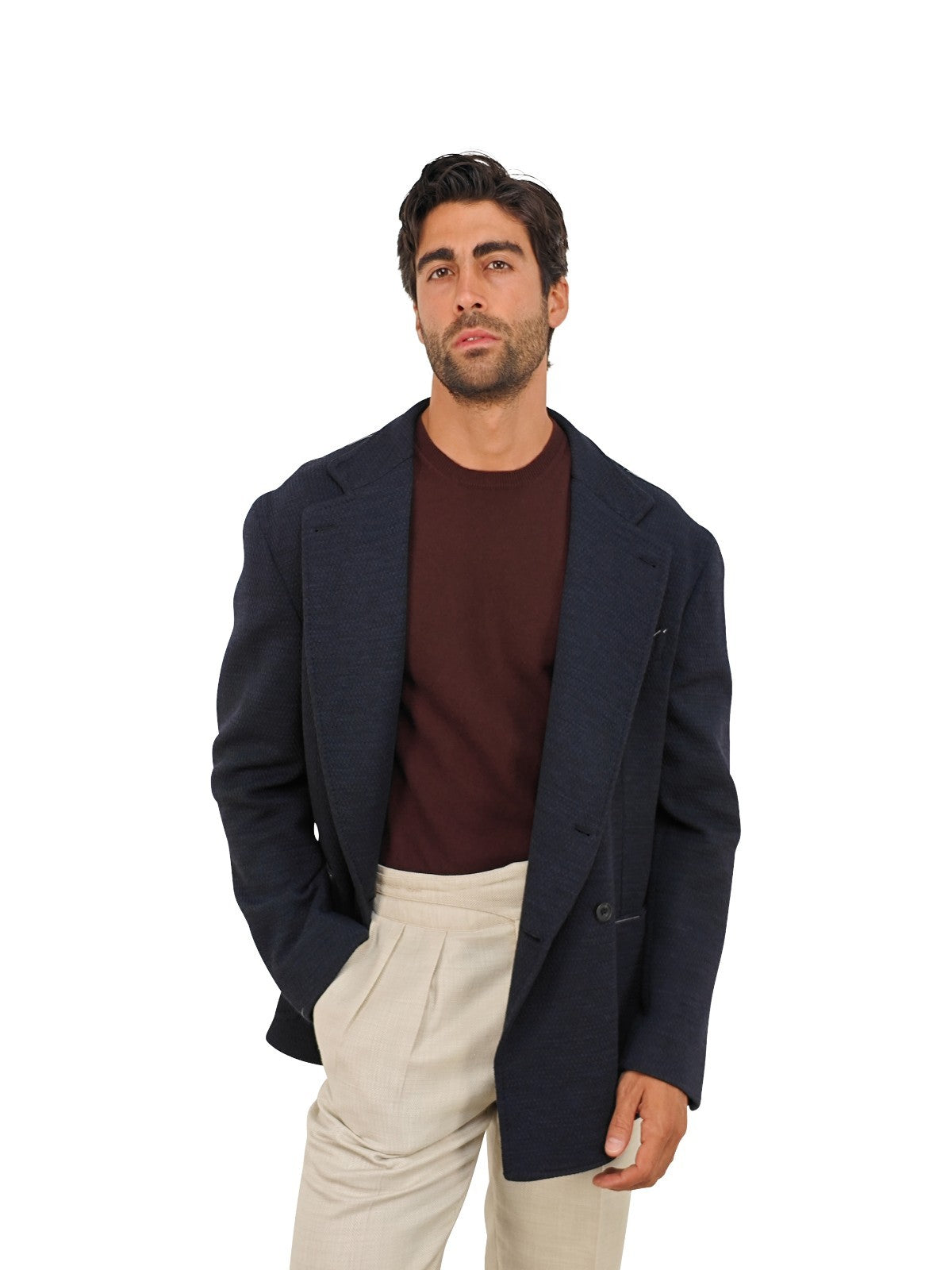 $1630 RUBINACCI NAPOLI Blue Double Breasted Jacket Knit Wool Stretch 44 US 54 EU