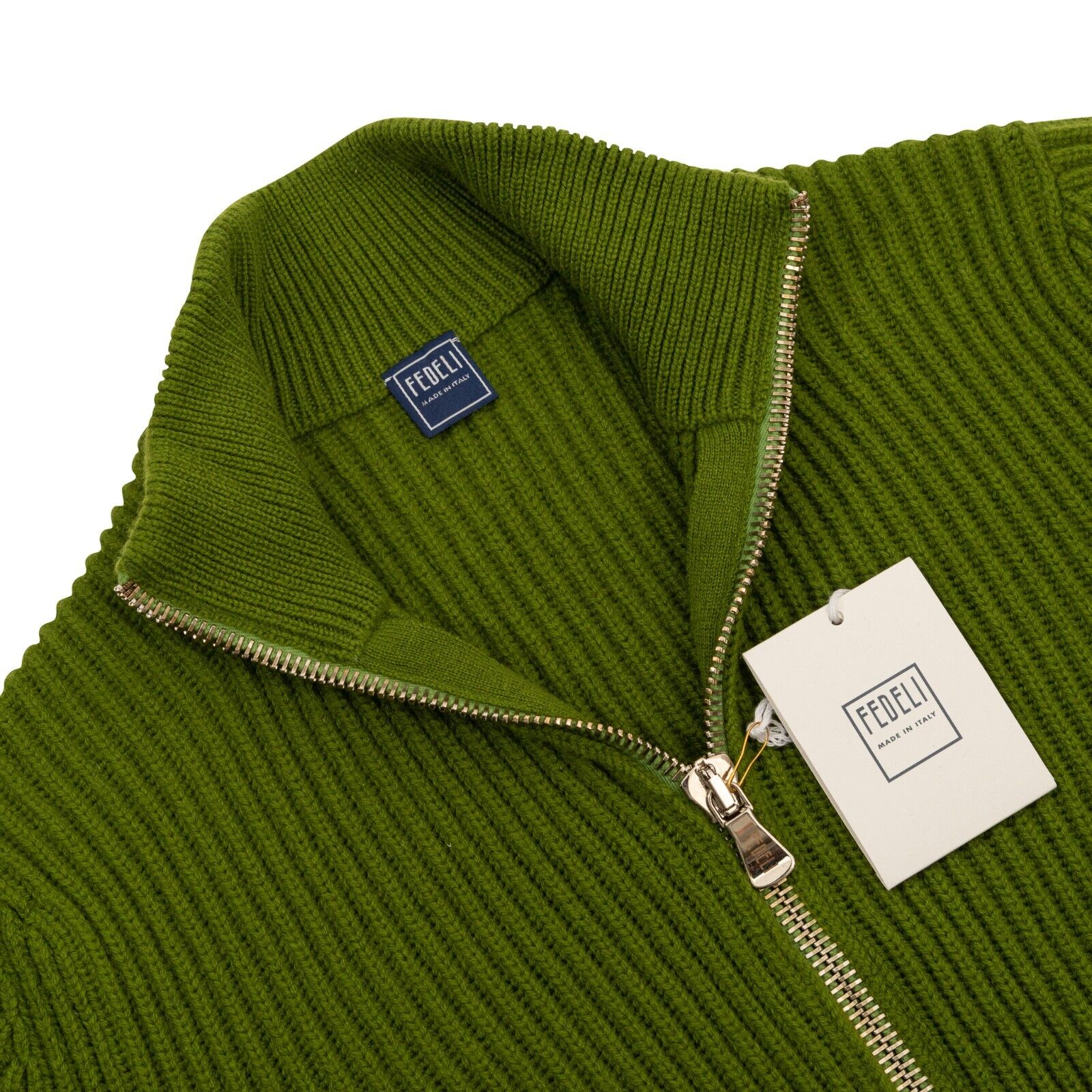 $1900 FEDELI CASHMERE Cardigan Sweater Full Zip 100% Ribbed Cashmere Pesto Green