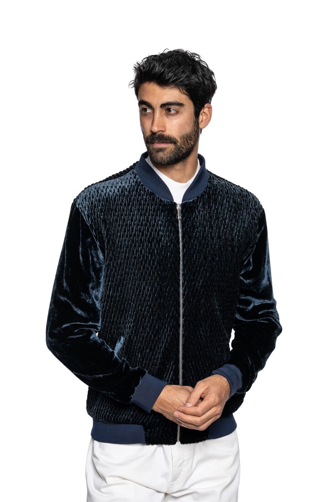 2000$ FABIO CAVIGLIA Bomber Jacket "WOVEN" Blue Corduroy Silk COMO 40 US / 50 EU