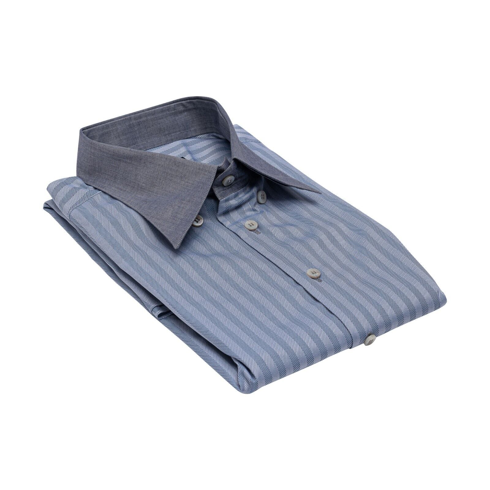 690$ LUXURY GERLIN Shirt Herringbone Blue ALUMO Jacquard Cotton 1C ZILLI