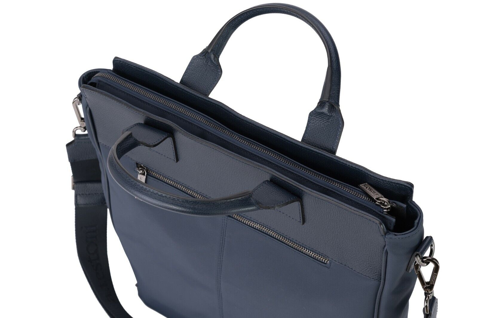 $1340 Testoni Bologna Shopping Bag with Studs Blue Karibu Calf + Fabric