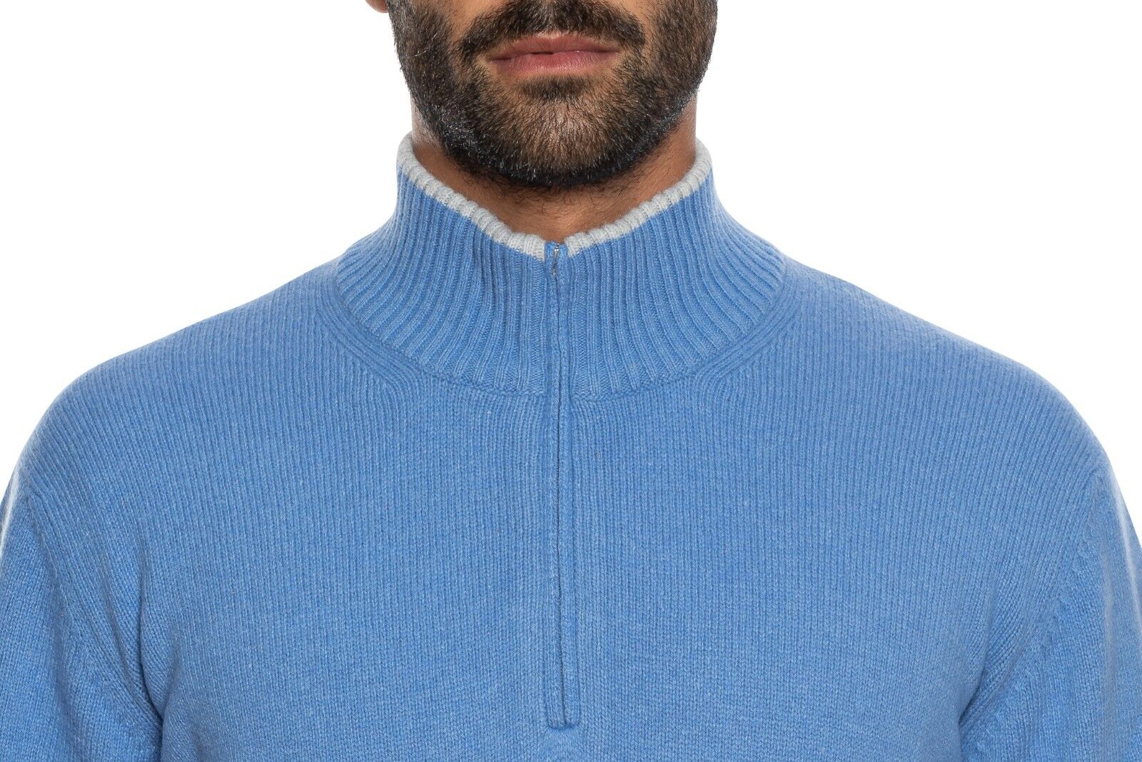 590$ DELLA CIANA CASHMERE Half Zip Sweater Merinos Wool / Cashmere Light Blue