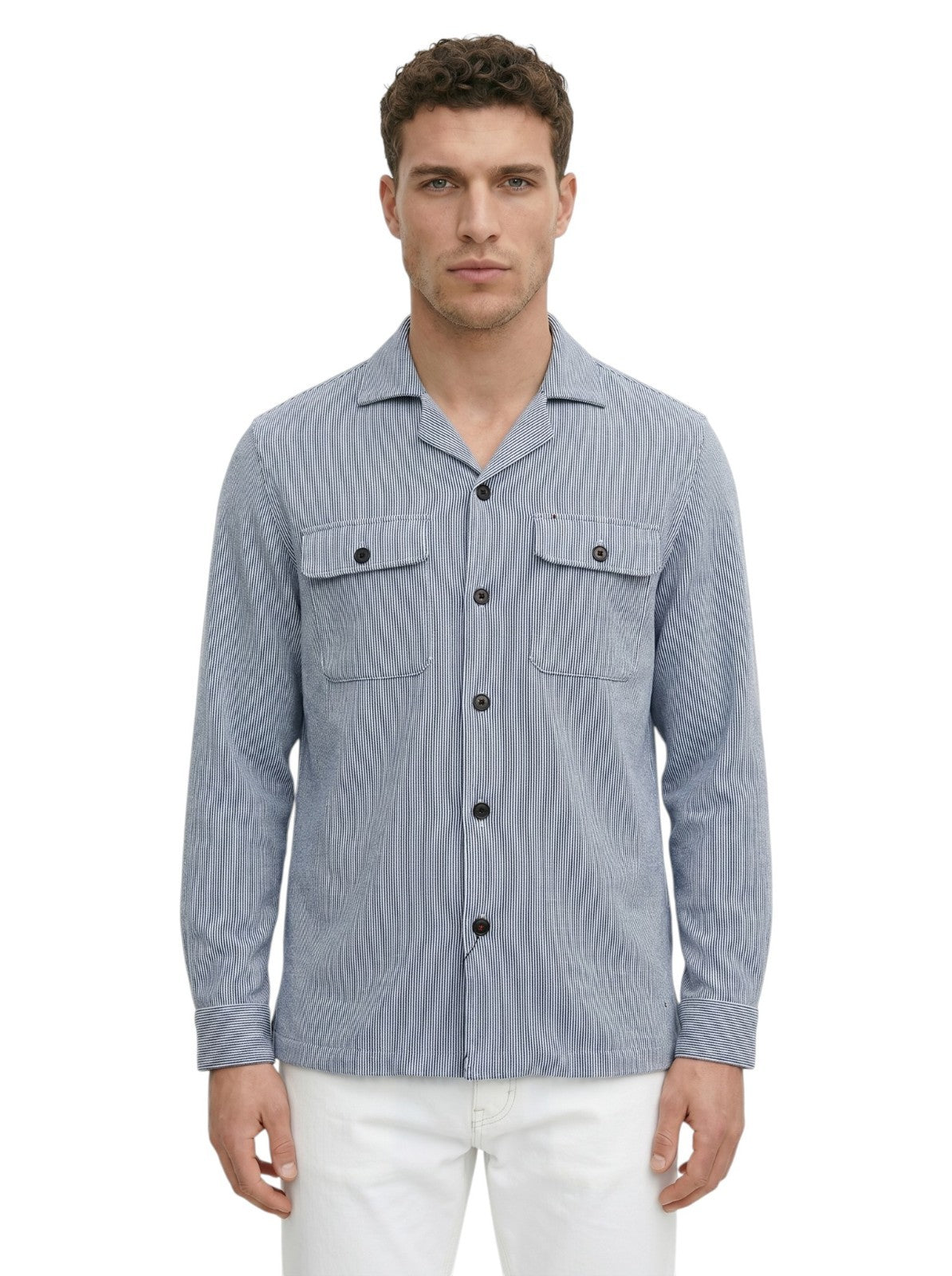 $1550 ISAIA NAPOLI Blue / White Hand-Sewn Overshirt Jacket Cotton - Wool