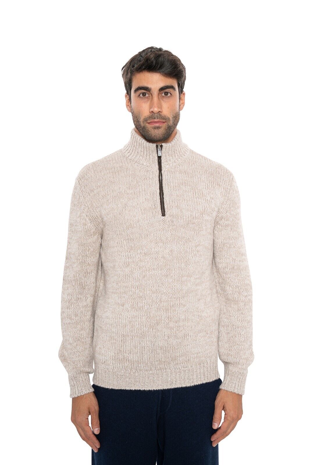$1800 FEDELI "Favonio" Beige Cardigan Half Zip 100% Cashmere + Suede 40 US 50 EU