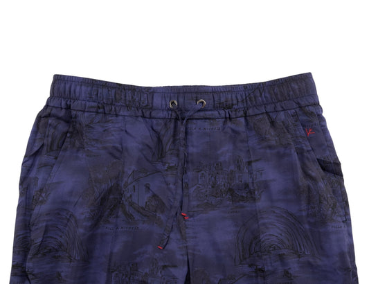 1390$ ISAIA "CAPRI" Dark Blue Drawstring Pant 100% Silk Relaxed Fit 32 US/48 EU