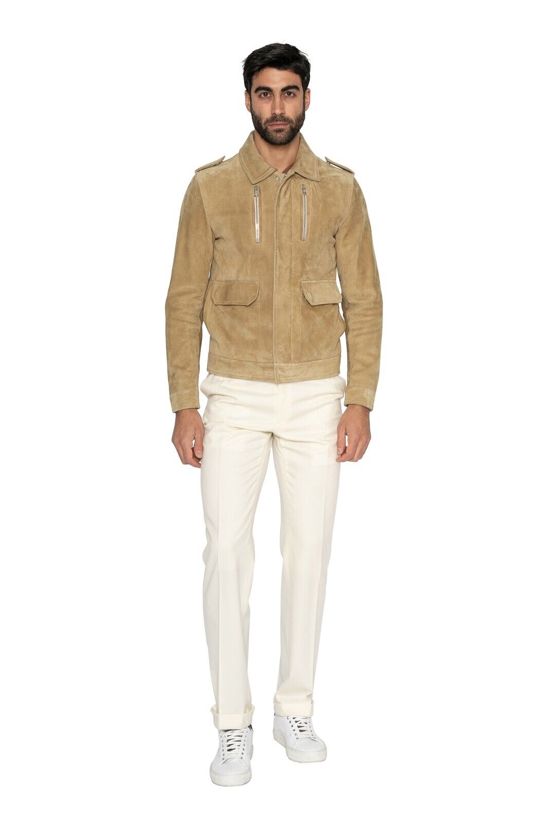 $1900 EIDOS by ISAIA NAPOLI Beige Blouson Jacket Suede Leather 38 US 48 EU Slim