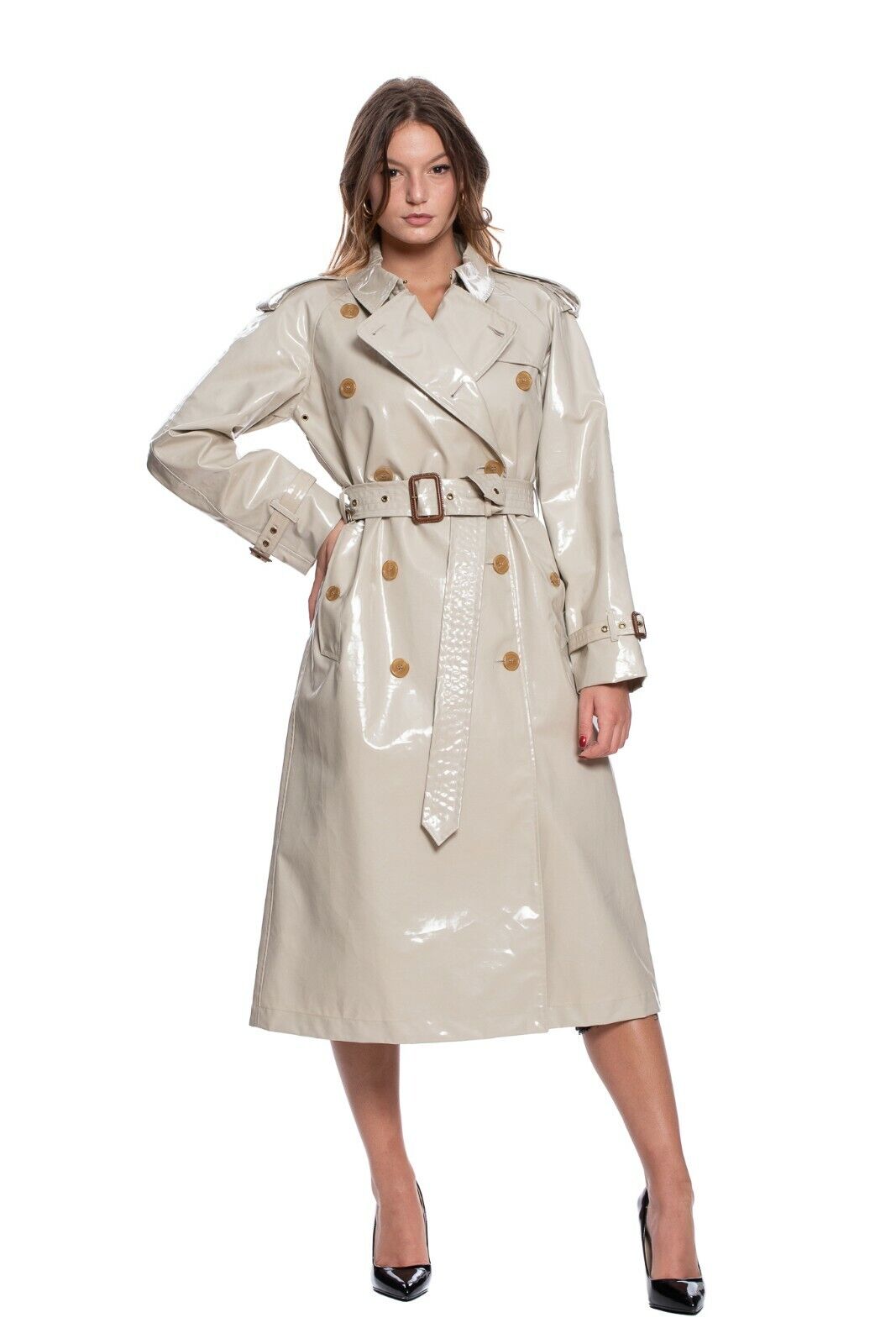 $2350 BURBERRY EASTHEATH Trench Coat Coated Cotton Check Laminated Stone