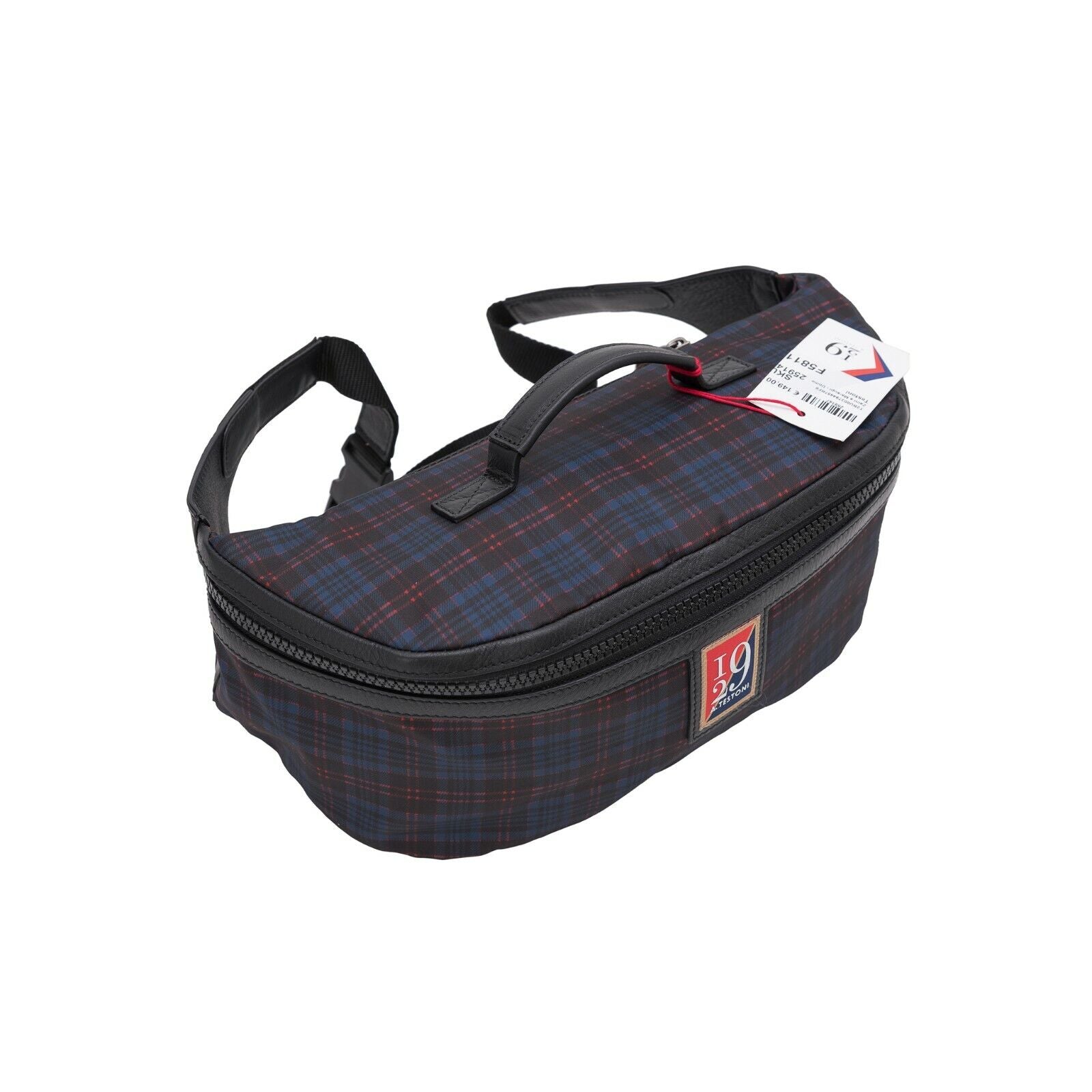 $199 Testoni I29 Bologna Large Crossbody Bag Calf + Techno Scottish Fabric