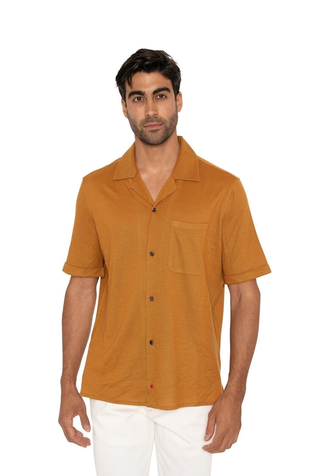 1100$ ISAIA NAPOLI Mustard Shirt Short Sleeve Camp Collar 100% Wool