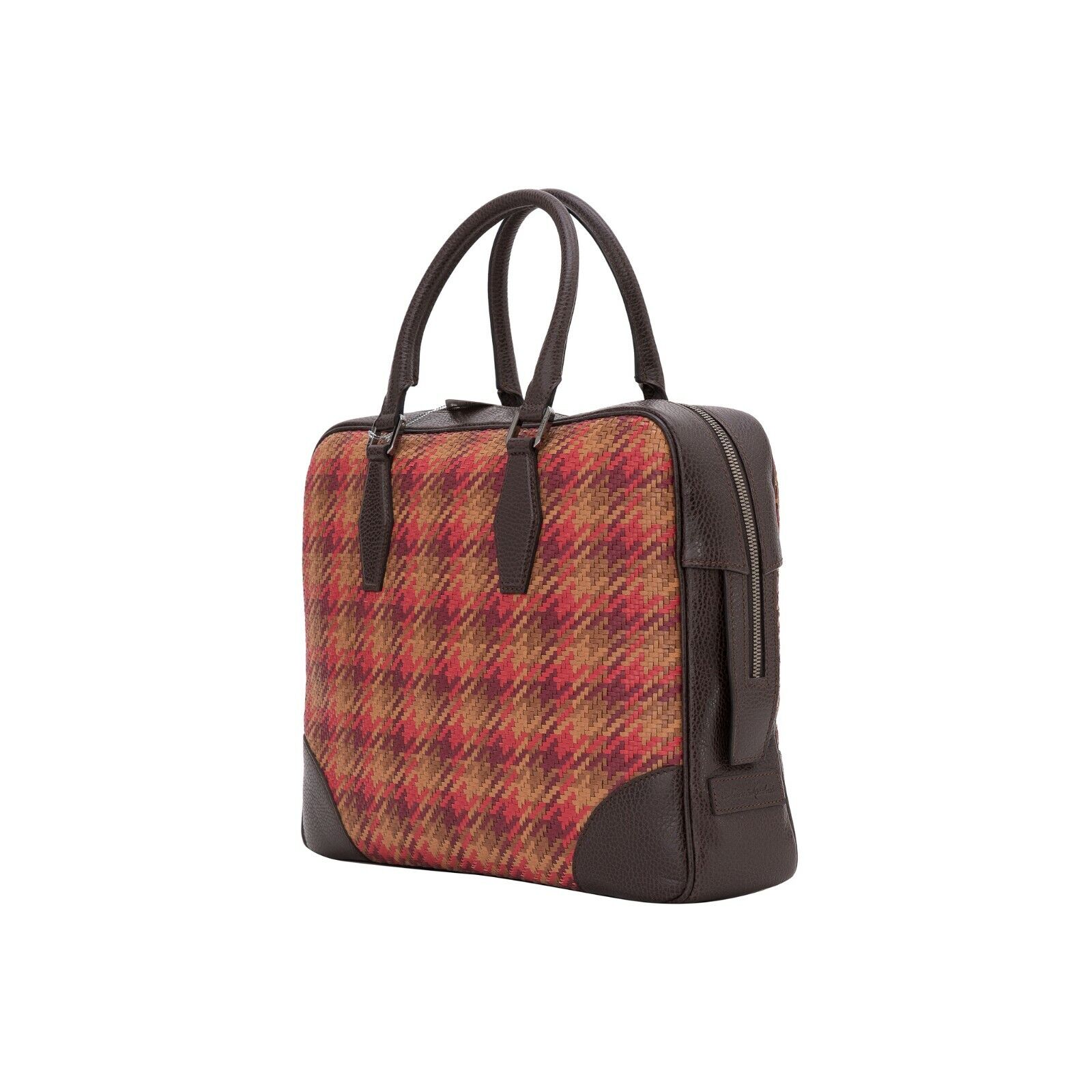 $1650 Testoni Bologna Brown Briefcase PC Case Bright Woven Karibu Calf