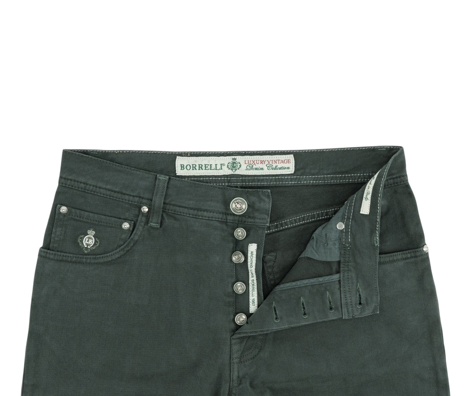 415$ LUIGI BORRELLI NAPOLI Forest Green Denim Jeans Pant Cotton 33 US / 49 EU