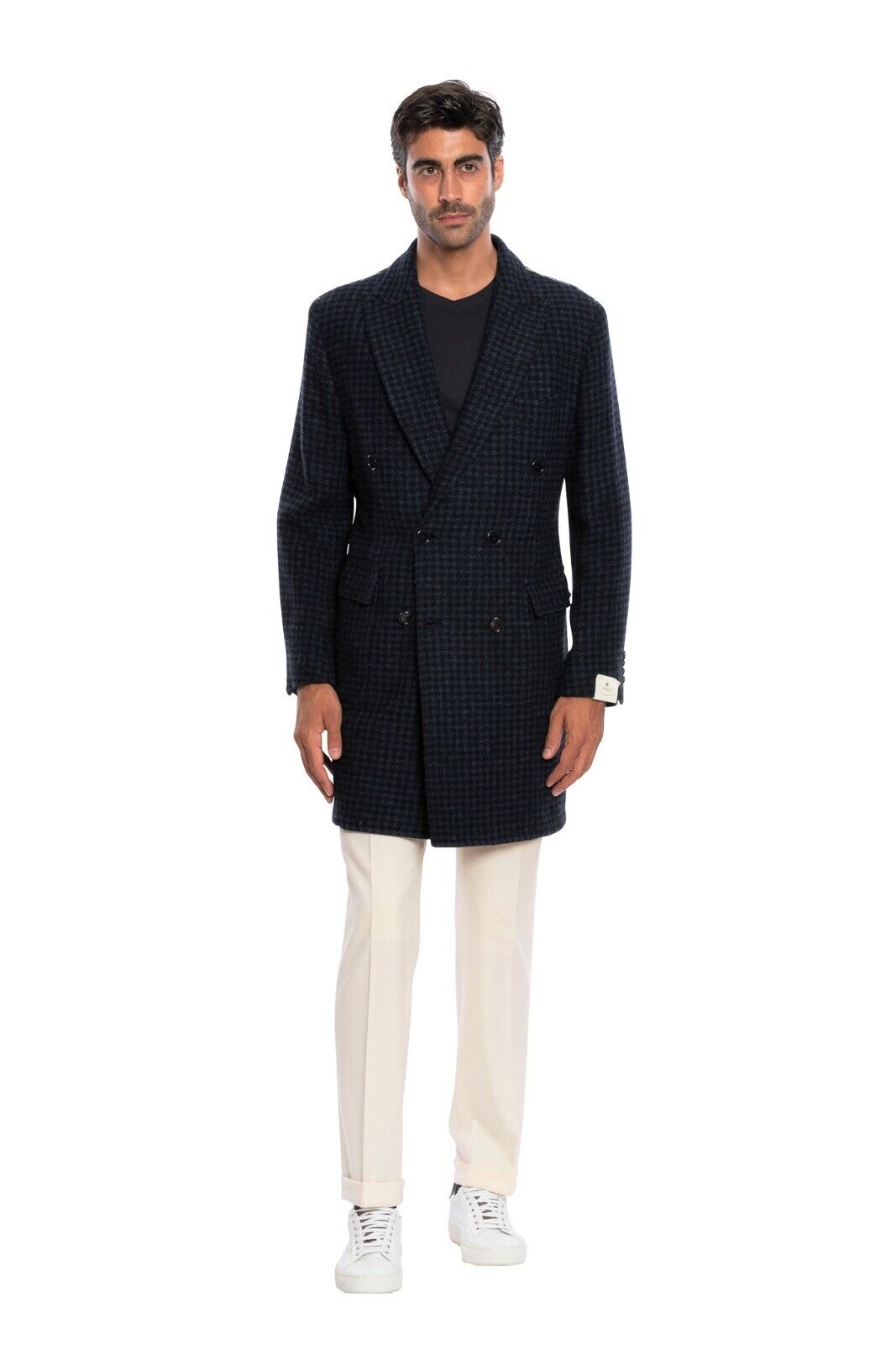 $2950 LUIGI BORRELLI NAPOLI Hand-Sewn Blue Coat Double Breasted Wool Cotton